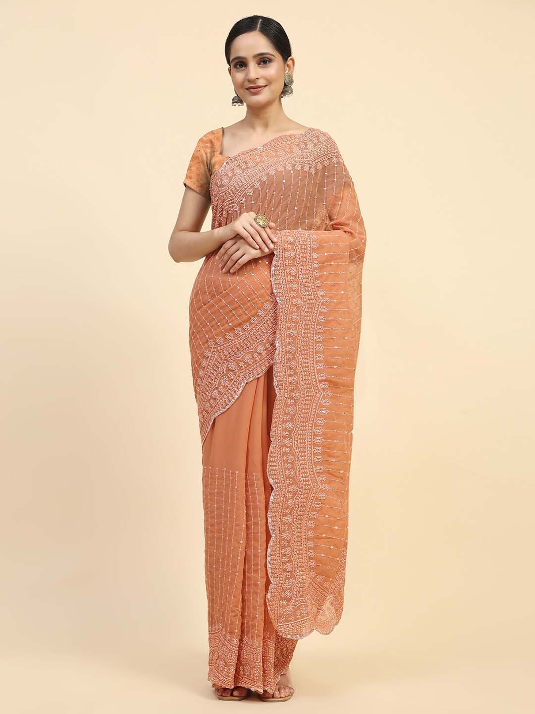 

Vastrasky Global Ethnic Motifs Embellished Embroidered Saree, Orange