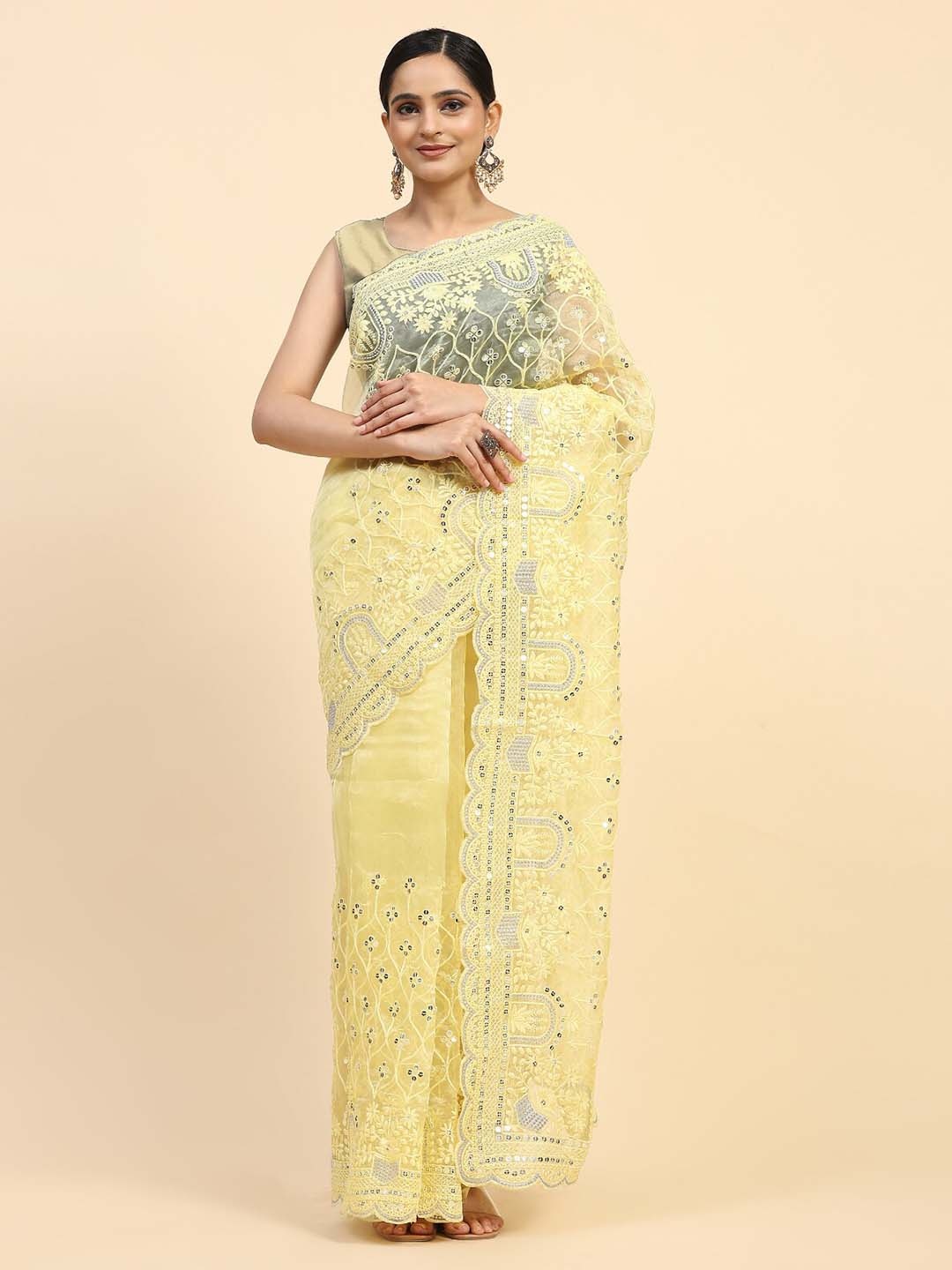 

Vastrasky Global Sequinned Embellished Organza Saree, Yellow