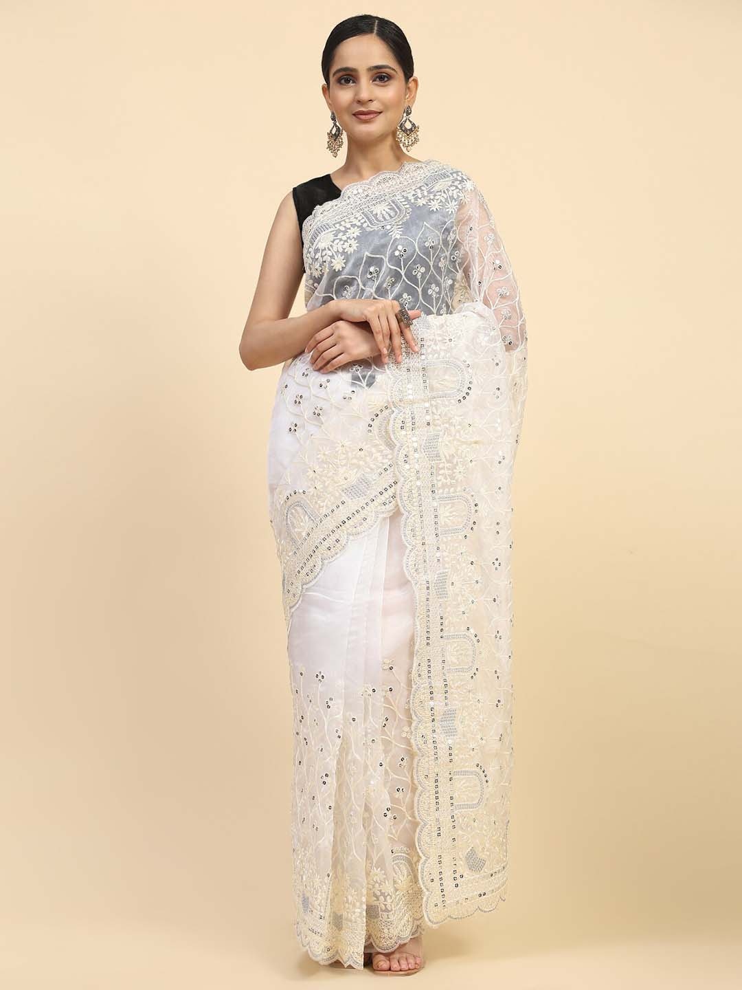 

Vastrasky Global Ethnic Motifs Embroidered Sequinned Detailed Organza Saree, White