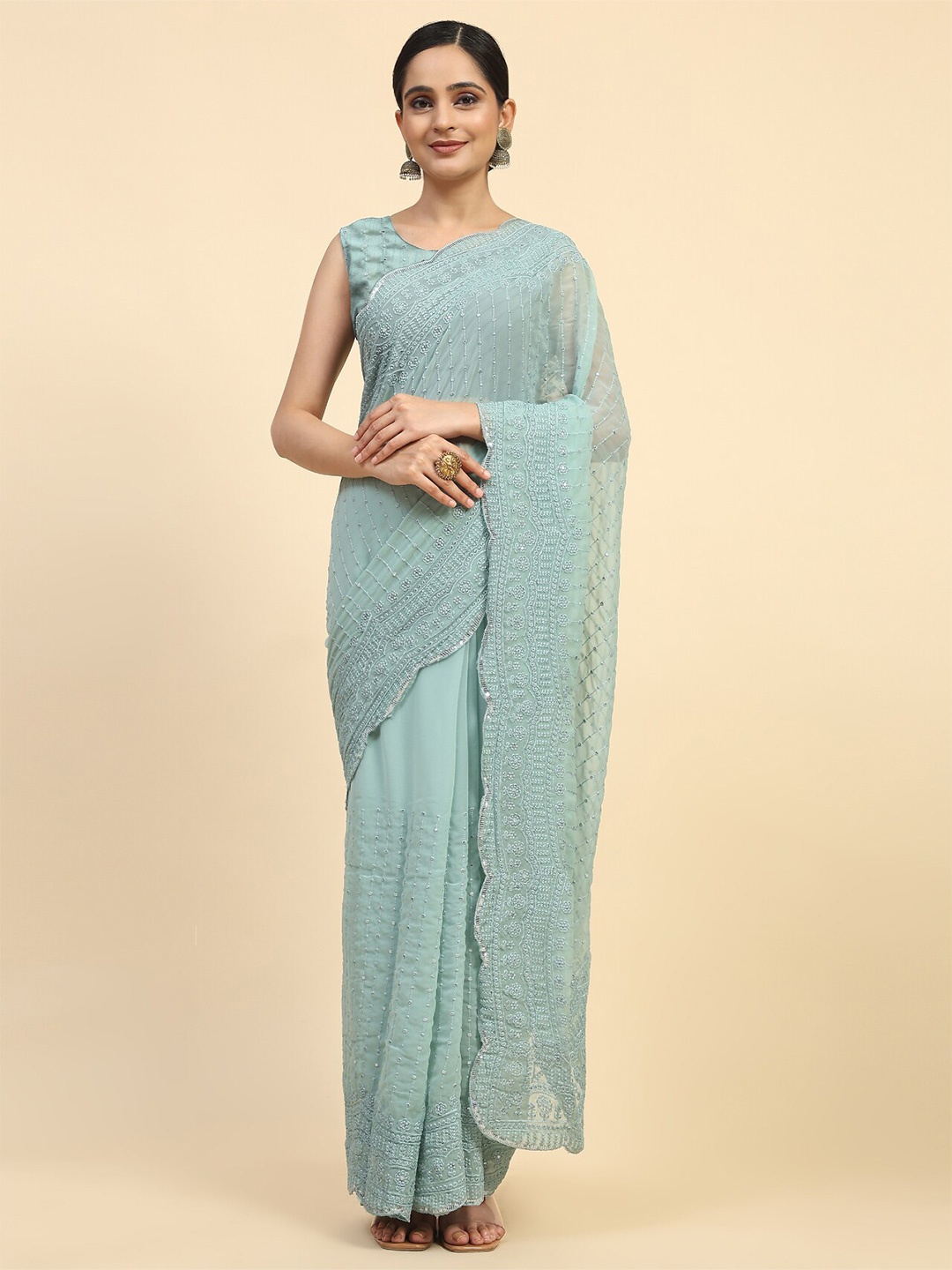 

Vastrasky Global Ethnic Motifs Embroidered Pure Georgette Saree, Green