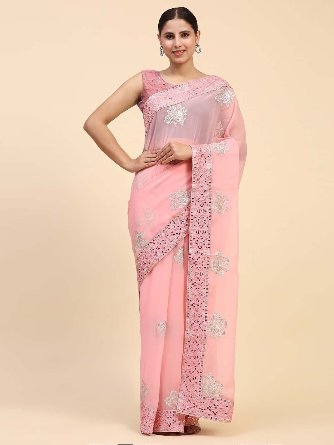 

Vastrasky Global Floral Embroidered Sequined Pure Georgette Saree, Peach