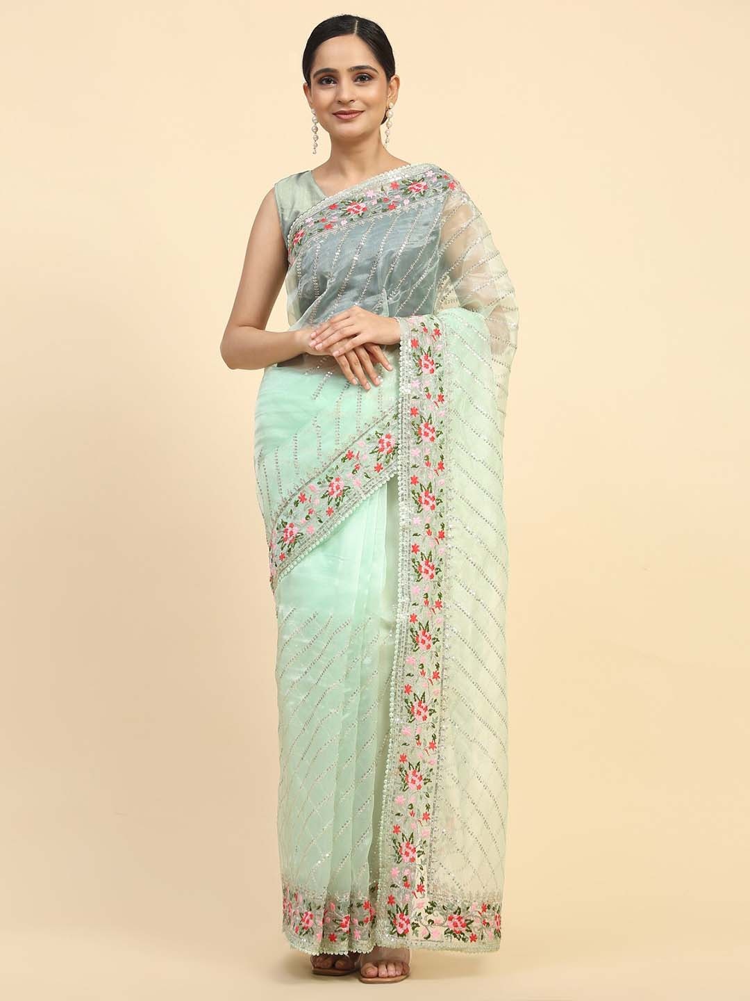 

Vastrasky Global Embellished Sequined Pure Georgette Saree, Green