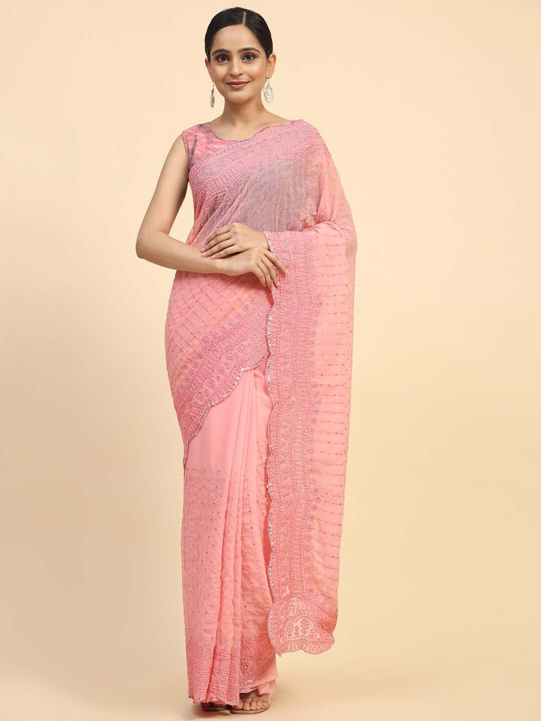 

Vastrasky Global Ethnic Motifs Embroidered Pure Georgette Saree, Peach