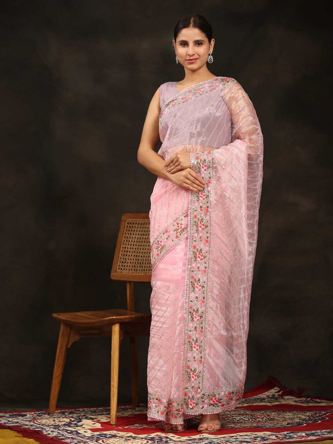 

Vastrasky Global Ethnic Motifs Embroidered Mirror Work Organza Saree, Pink