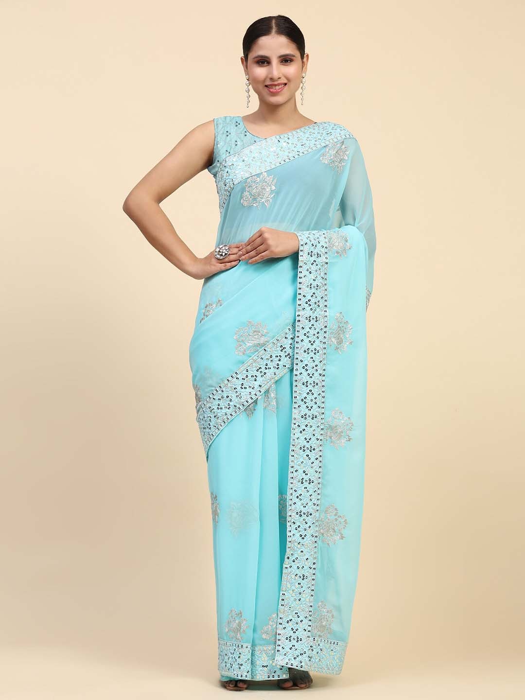 

Vastrasky Global Floral Embroidered Sequinned Pure Georgette Saree, Blue