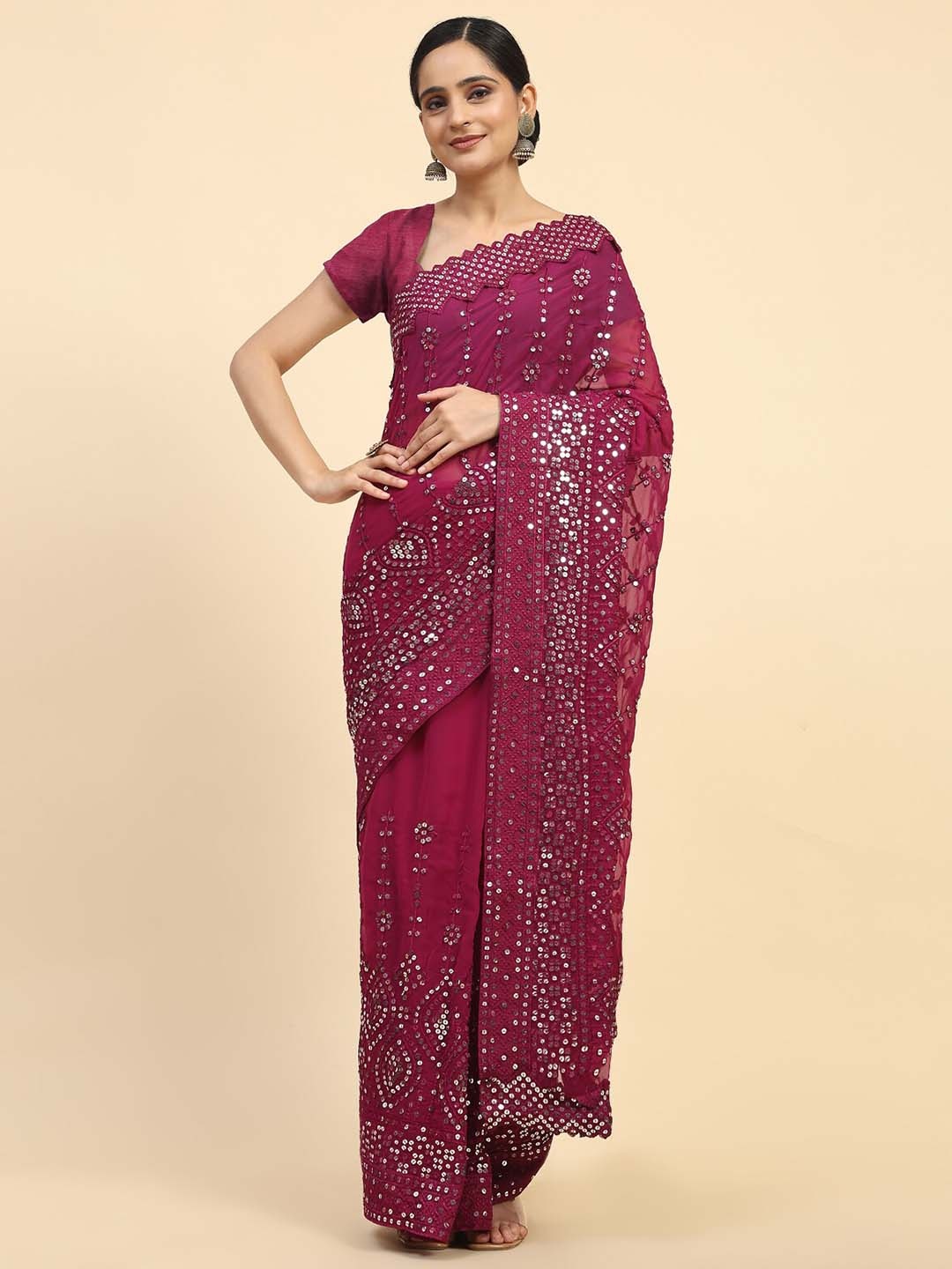 

Vastrasky Global Floral Embroidered Sequinned Pure Georgette Saree, Burgundy