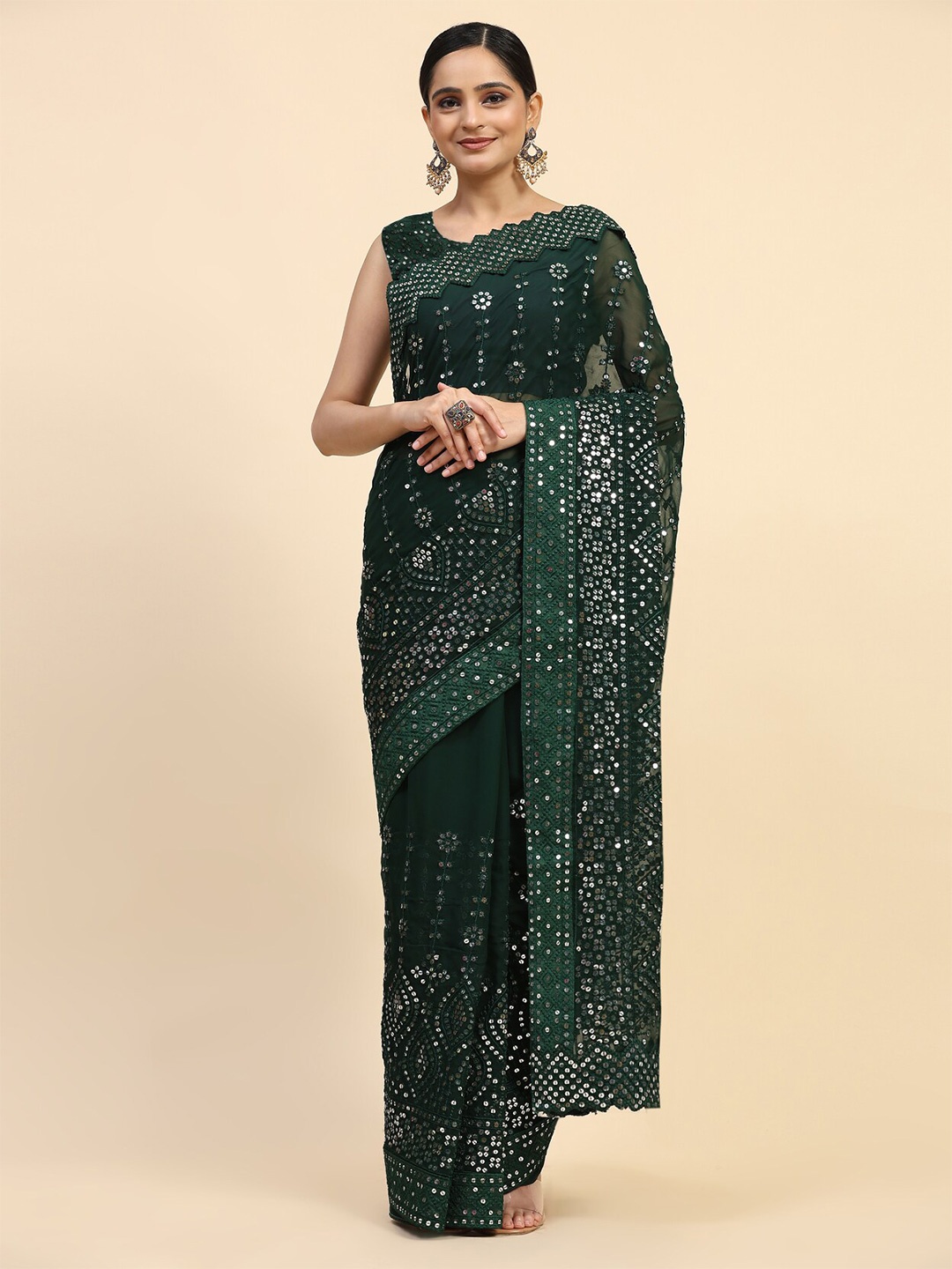 

Vastrasky Global Ethnic Motifs Embellished Pure Georgette Saree, Green