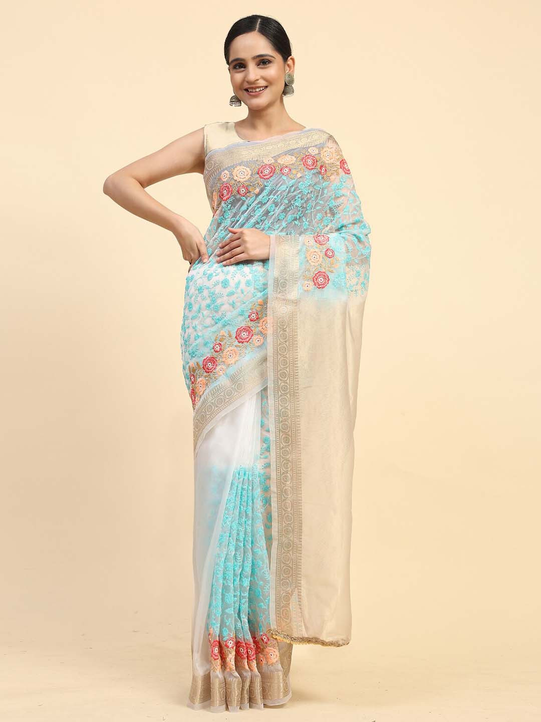 

Vastrasky Global Floral Embroidered Organza Saree, Blue