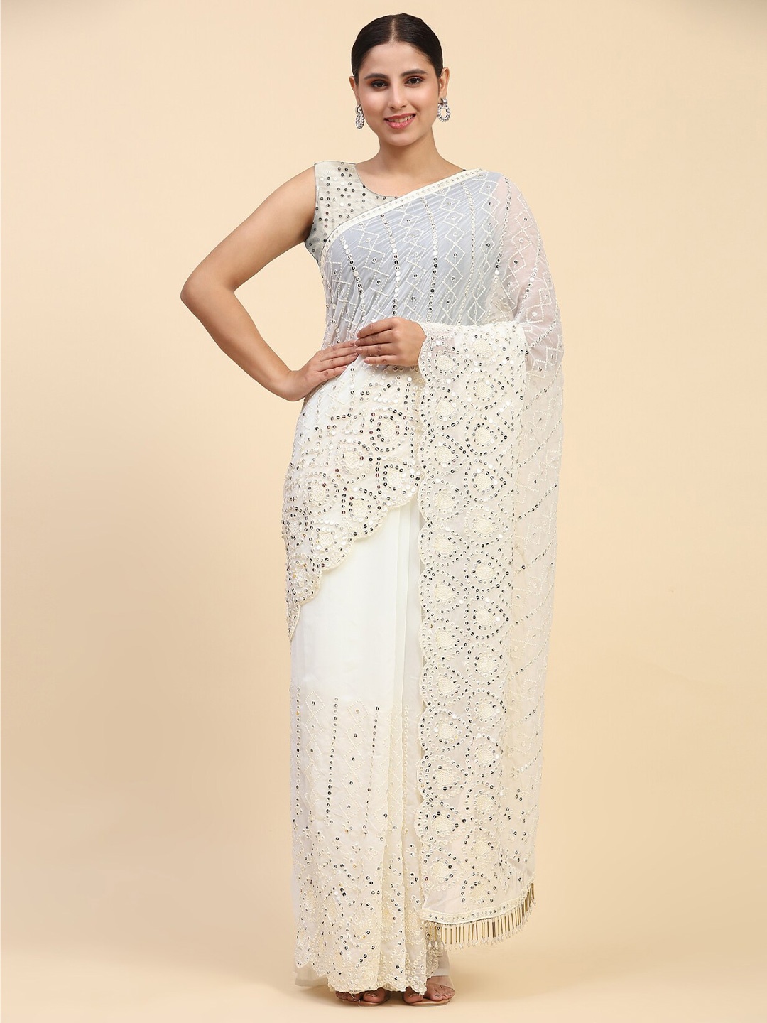 

Vastrasky Global Embellished Sequinned Pure Georgette Saree, White