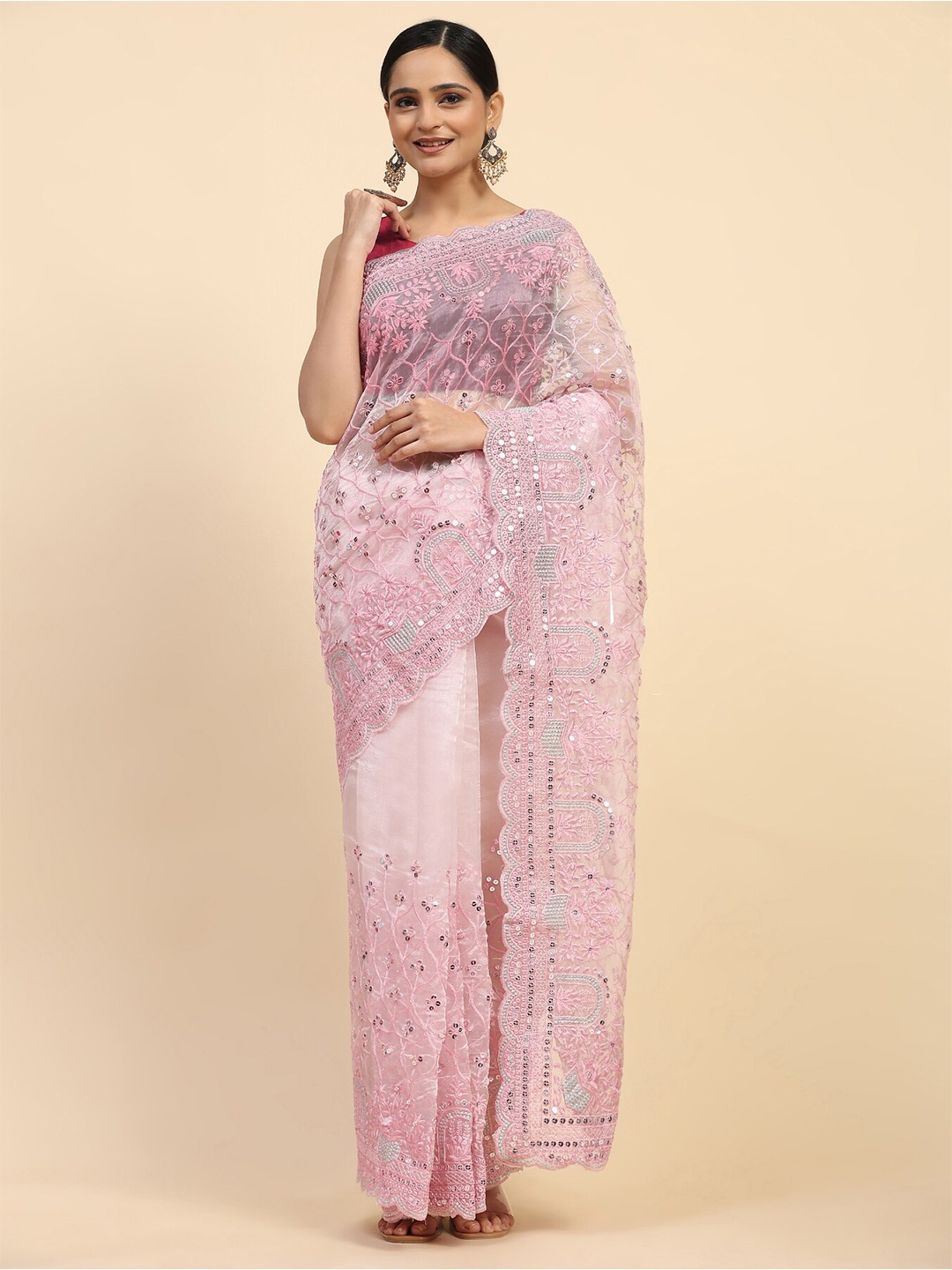 

Vastrasky Global Sequinned Embellished Organza Saree, Pink