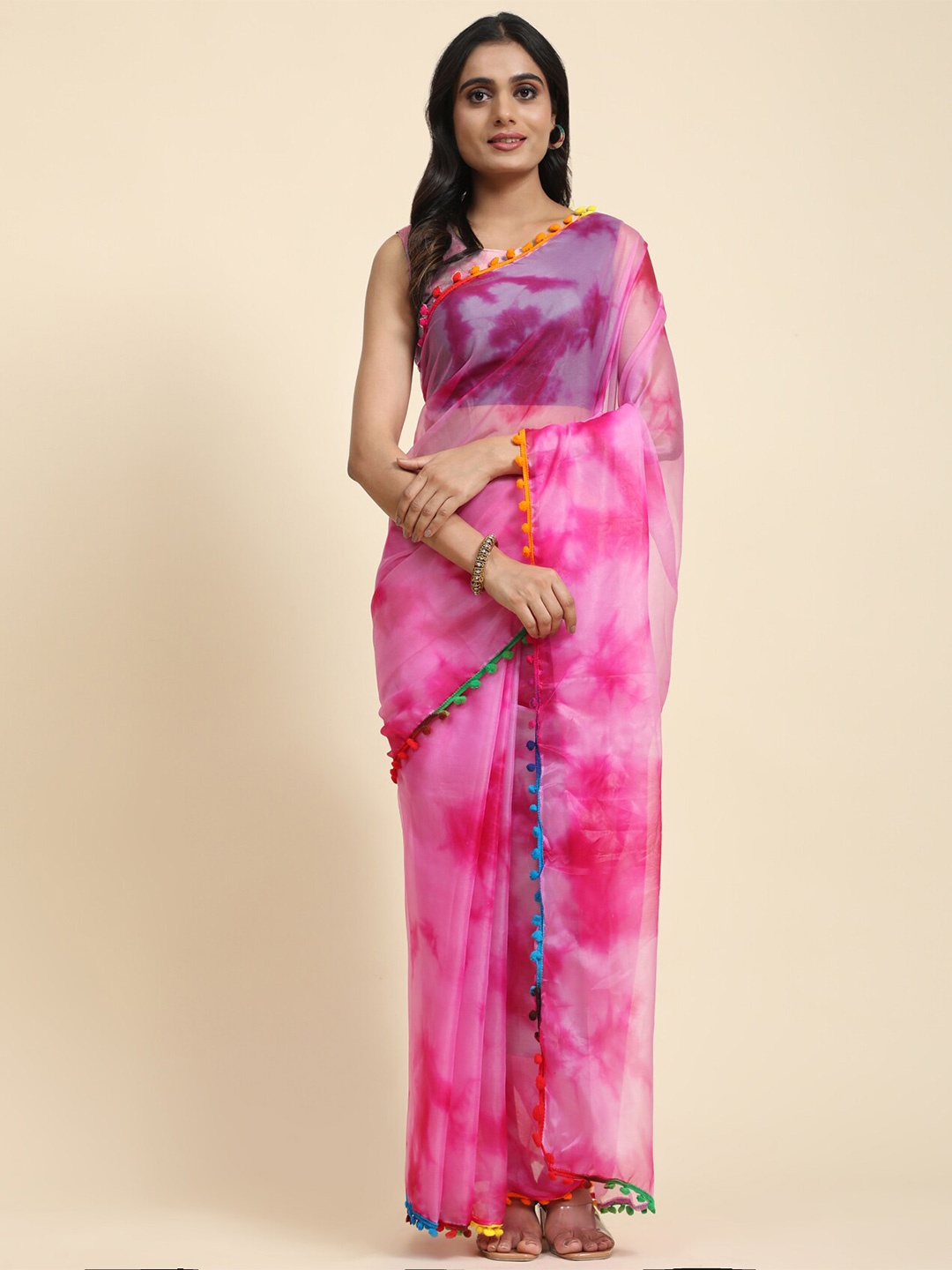

Vastrasky Global Tie & Dye Dyed Organza Saree, Pink