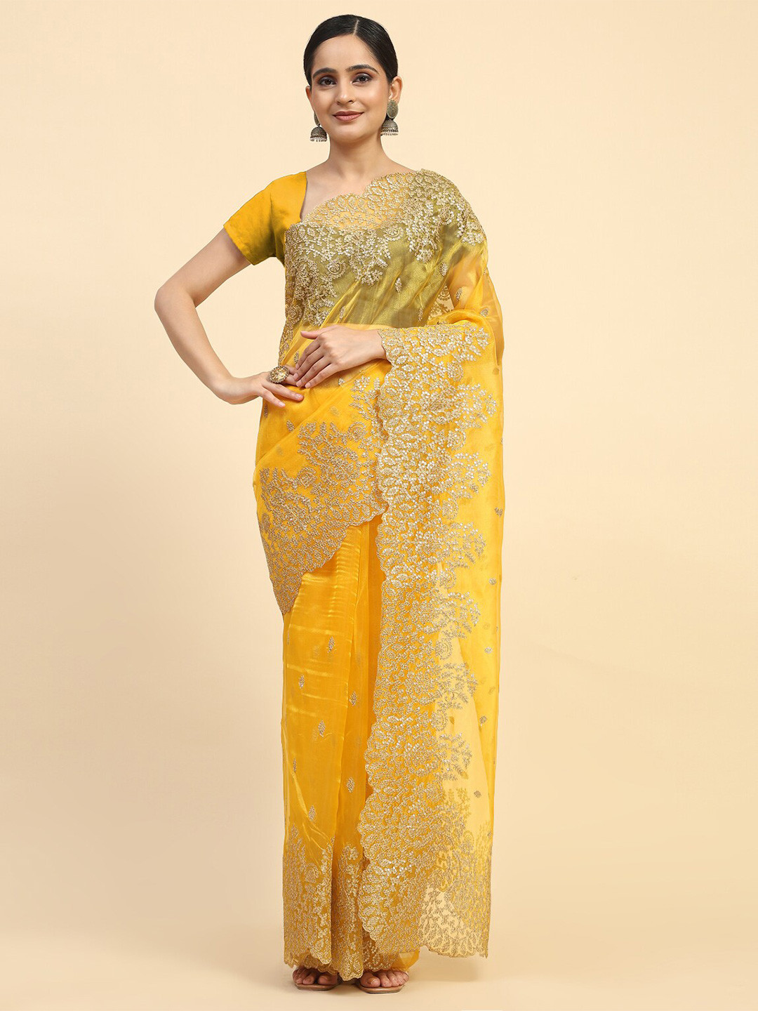 

Vastrasky Global Embellished Embroidered Organza Saree, Yellow