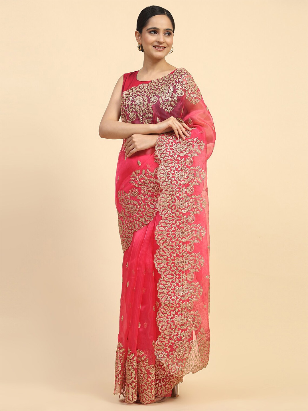 

Vastrasky Global Embellished Embroidered Organza Saree, Pink