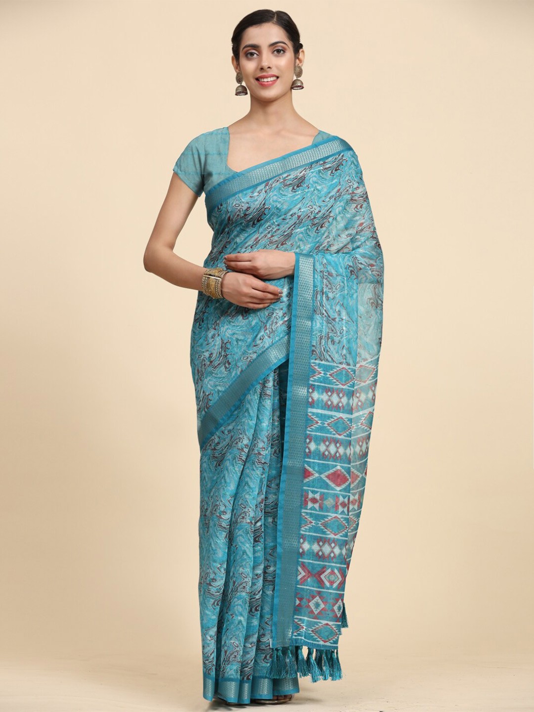 

Vastrasky Global Abstract Printed Silk Cotton Saree, Blue