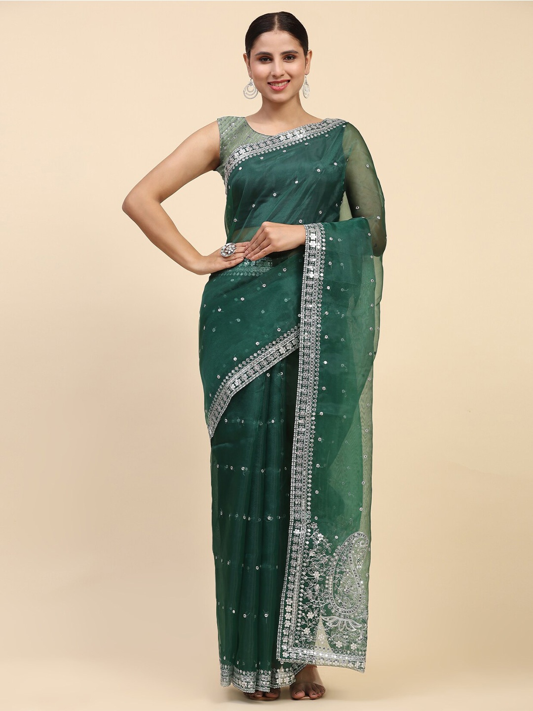 

Vastrasky Global Ethnic Motifs Embroidered Sequinned Organza Saree, Green