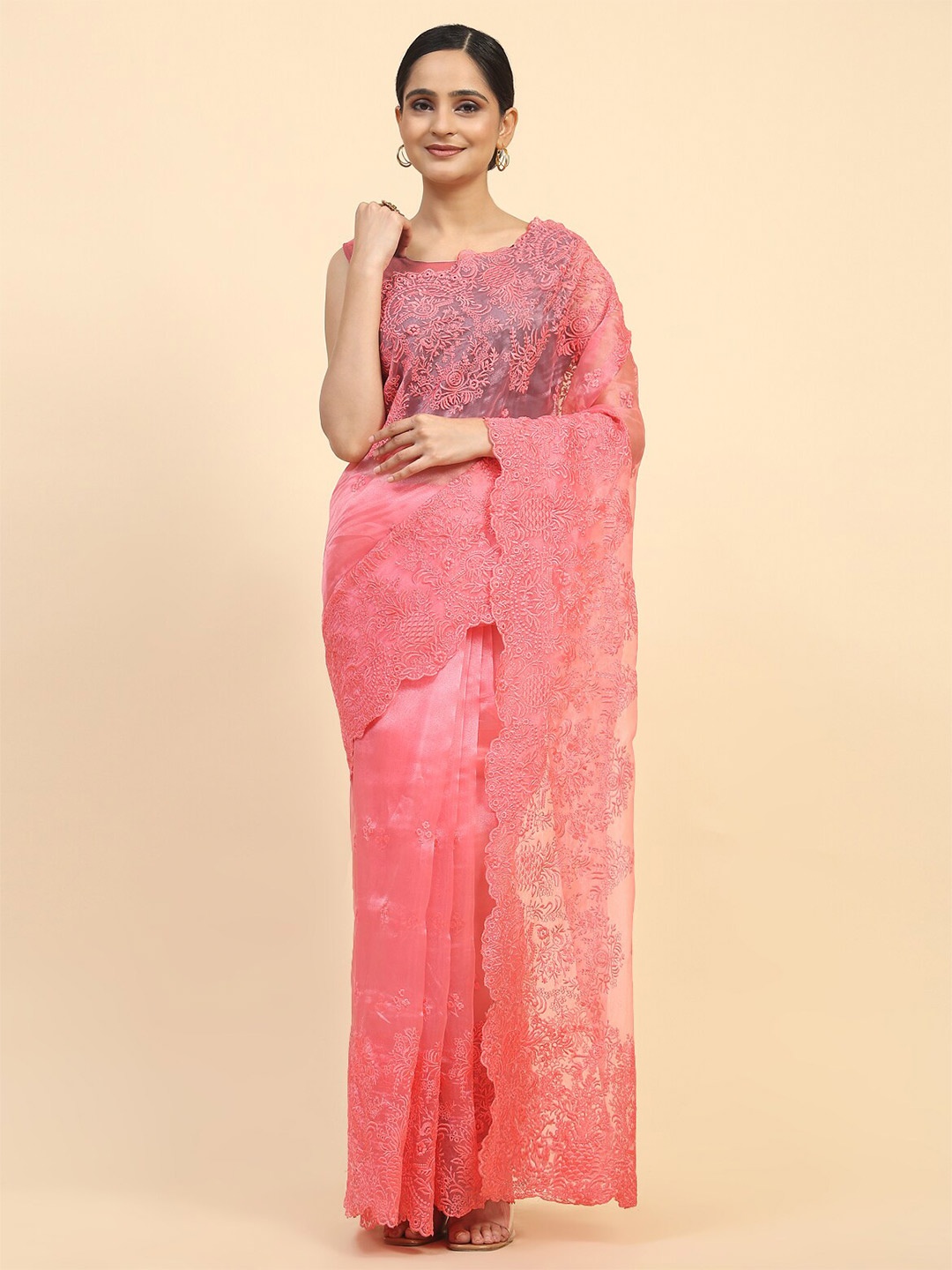 

Vastrasky Global Ethnic Motifs Embroidered Organza Saree, Peach