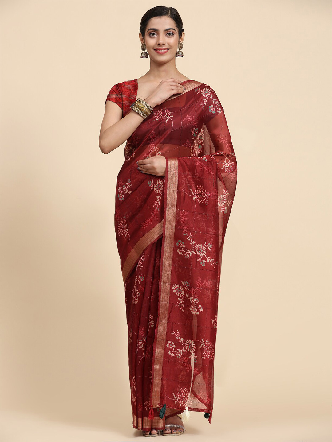 

Vastrasky Global Floral Printed Zari Silk Cotton Saree, Maroon
