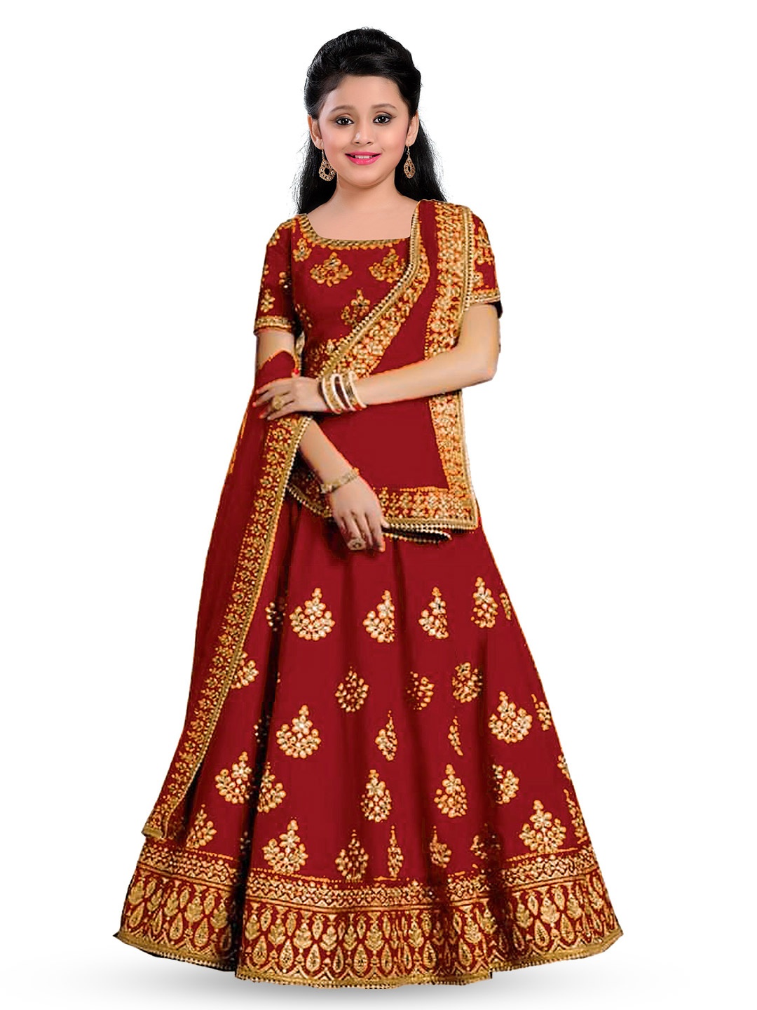 

WTWC FAB Girls Floral Embroidered Semi-Stitched Lehenga & Unstitched Blouse With Dupatta, Maroon