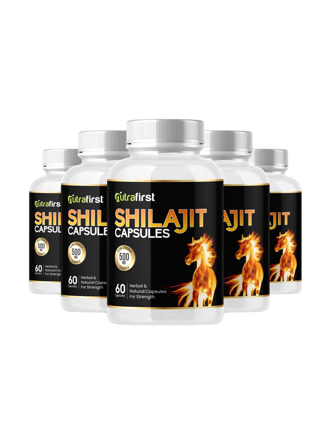 

NUTRAFIRST 5-Pcs Shilajit Capsules With Ashwagandha & Kaunch Beej - 60 Capsules Each, Black