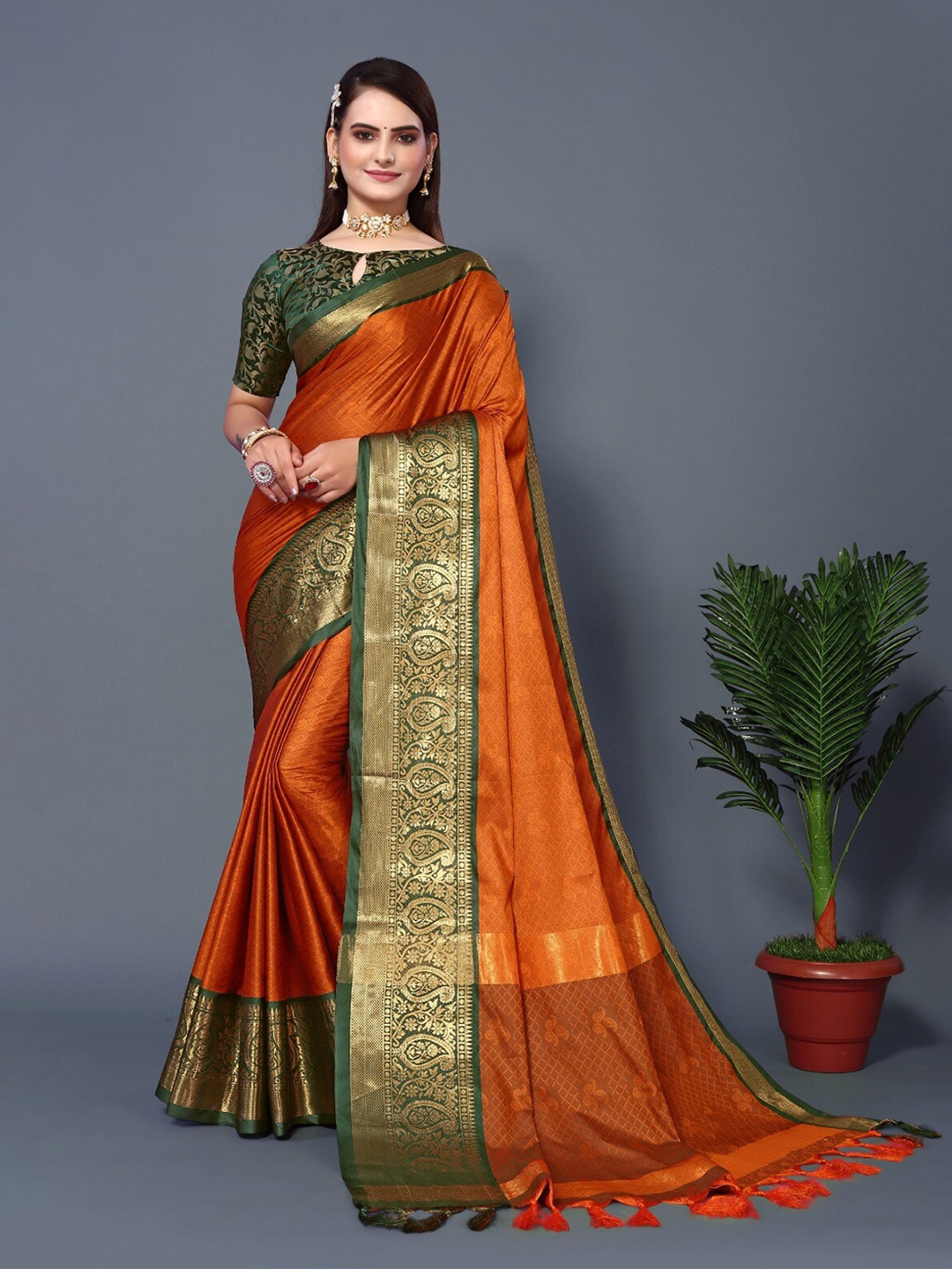 

DWINI Ethnic Motif Woven Design Zari Silk Cotton Dharmavaram Saree, Orange