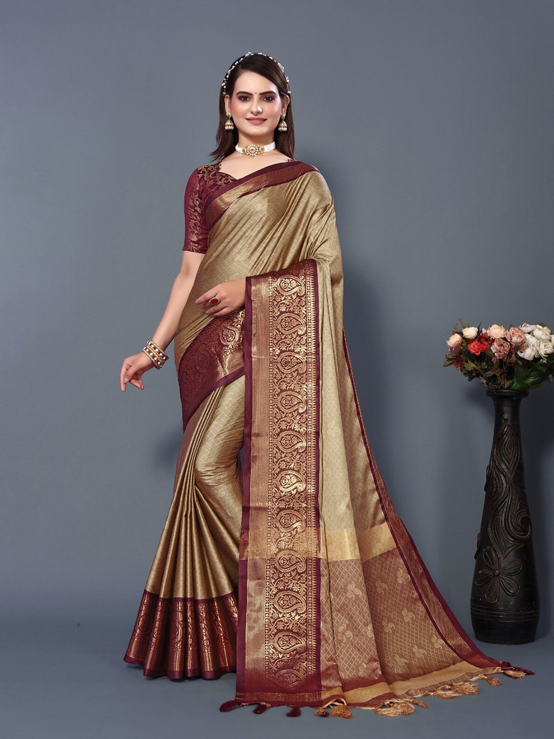 

DWINI Ethnic Motif Woven Design Zari Silk Cotton Dharmavaram Saree, Beige