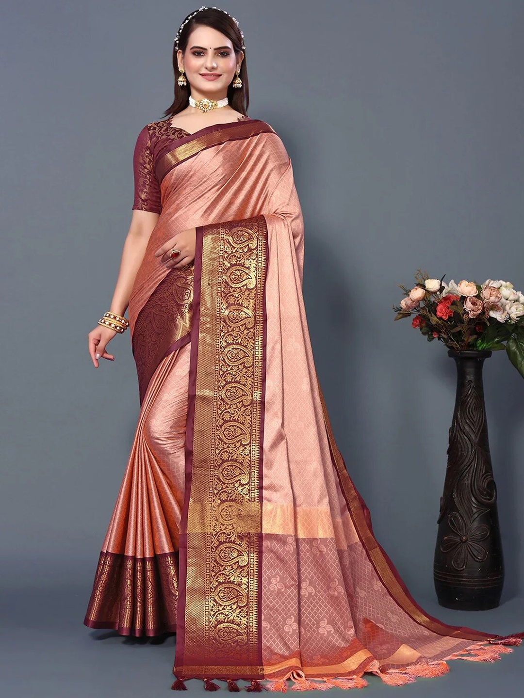 

DWINI Ethnic Motif Woven Design Zari Silk Cotton Dharmavaram Saree, Peach