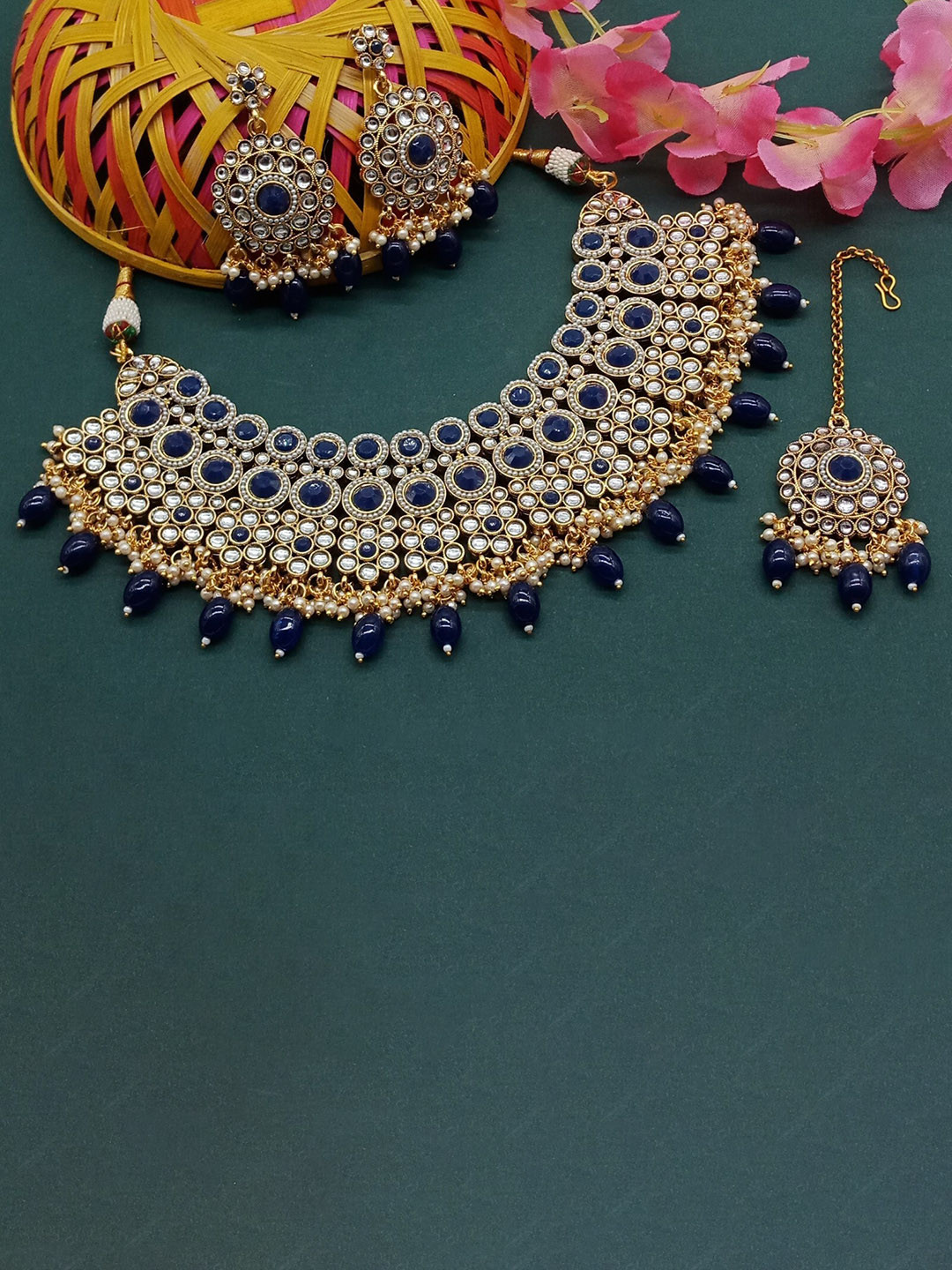 

AASHISH IMITATION Gold-Plated Kundan-Studded & Beaded Meenakari Jewellery Set