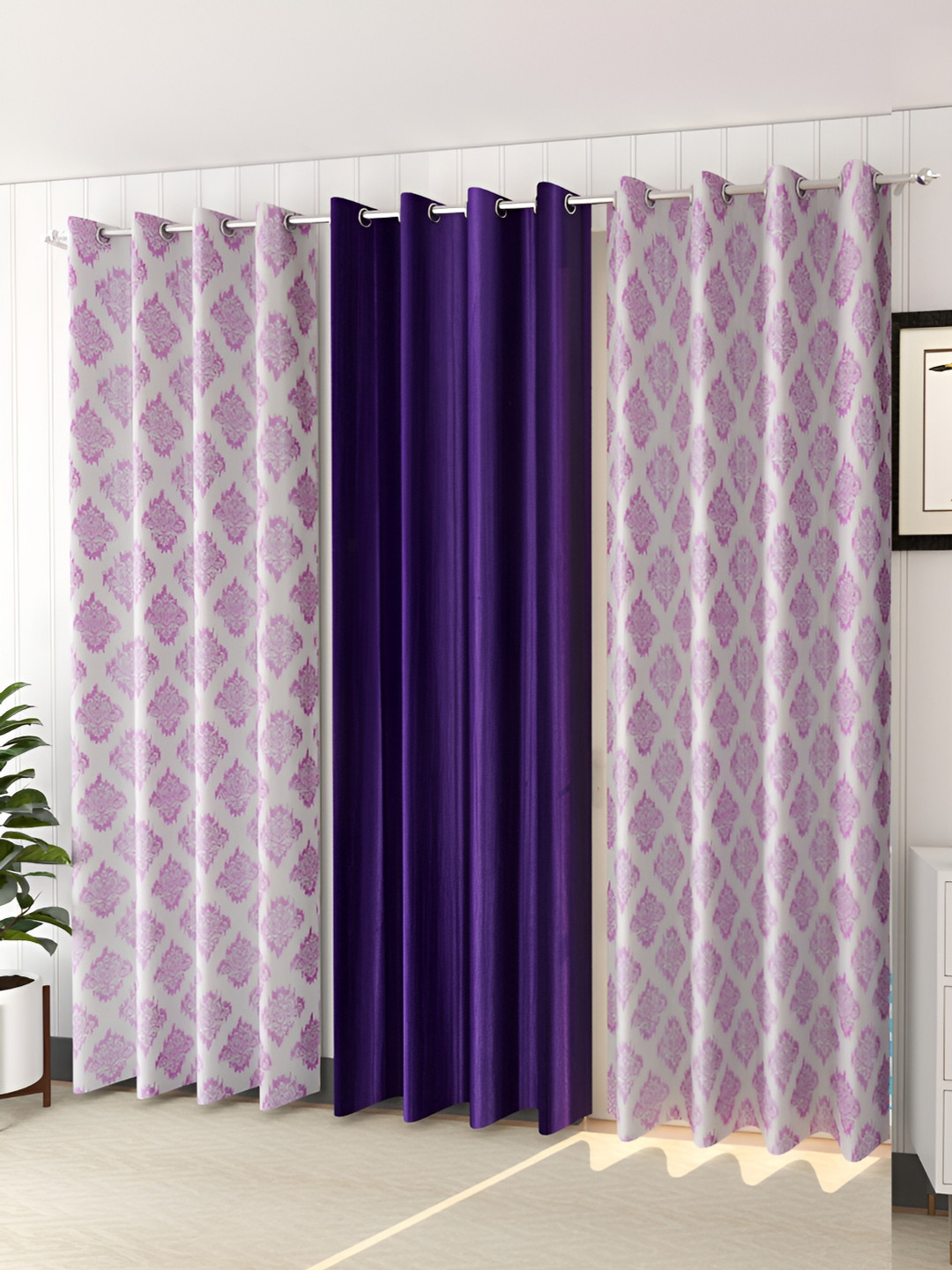 

stuffique Purple 3 Pieces Ethnic Print Floral Door Curtain