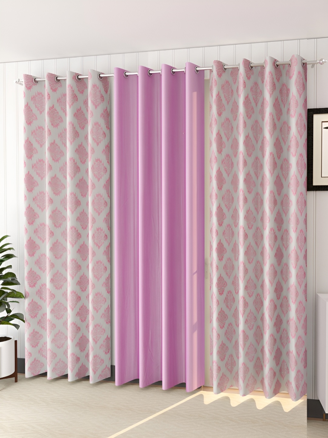 

stuffique Pink 3 Pieces Ethnic Print Long Door Curtain