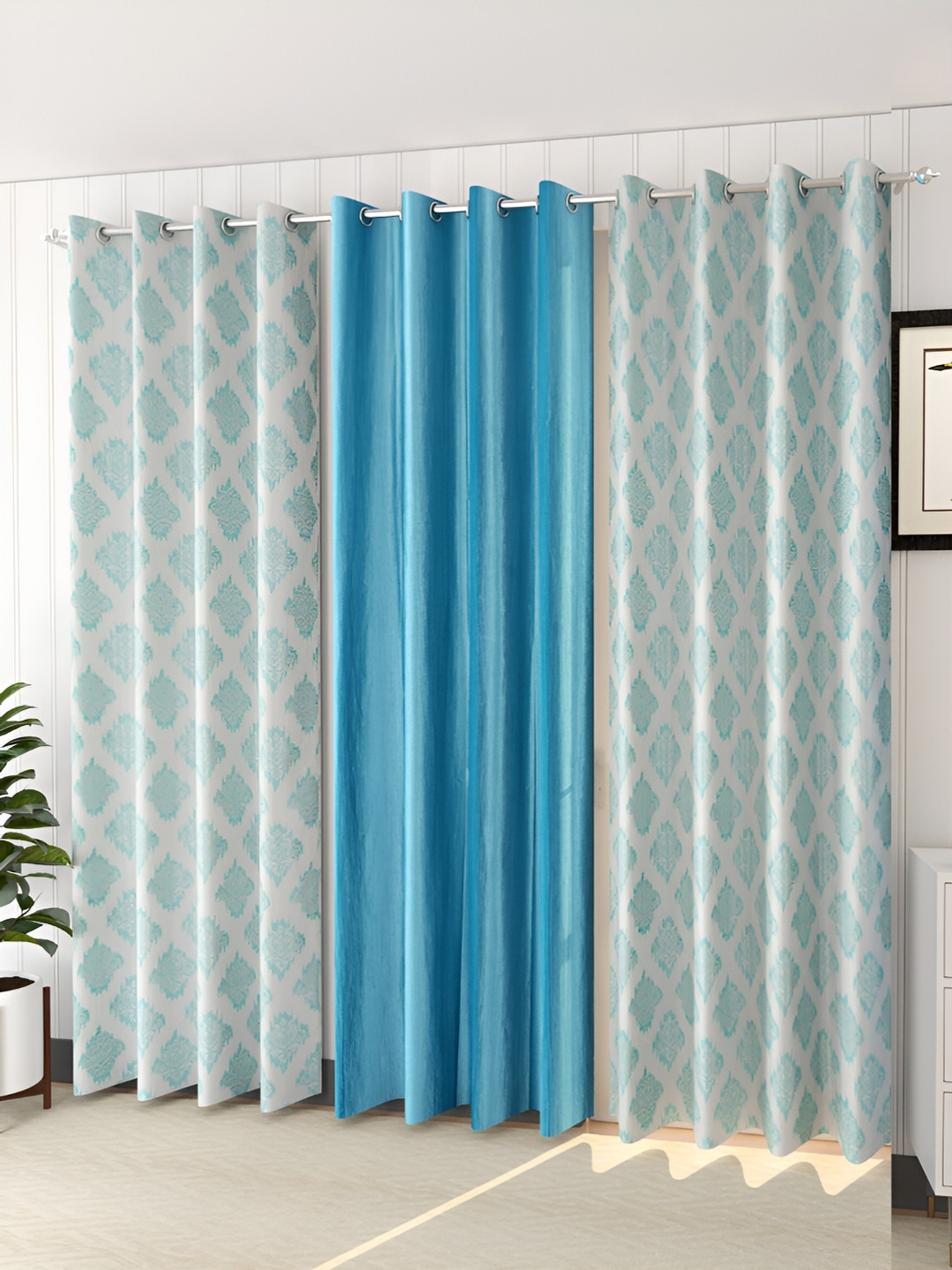 

stuffique Teal 3 Pieces Ethnic Print Window Curtain, Blue