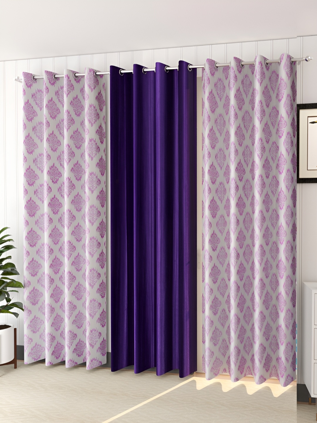 

stuffique Purple 3 Pieces Ethnic Print Window Curtain