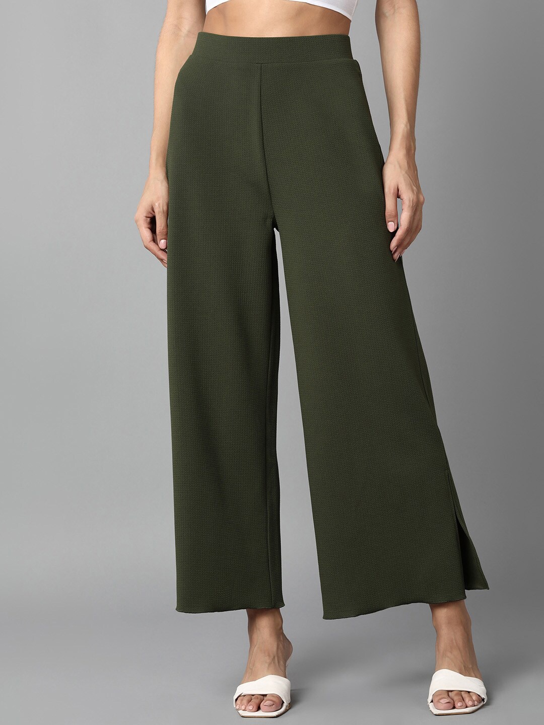 

The Roadster Lifestyle Co. Flared Fit Slit Detail Knitted Palazzos, Olive