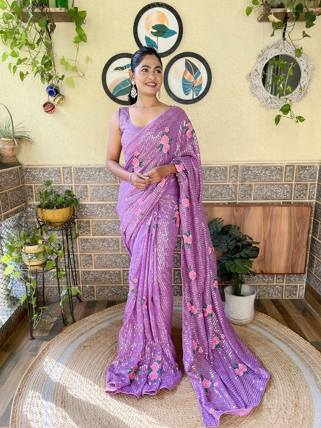 

Mitera Lavender Floral Sequinned Embellished Saree