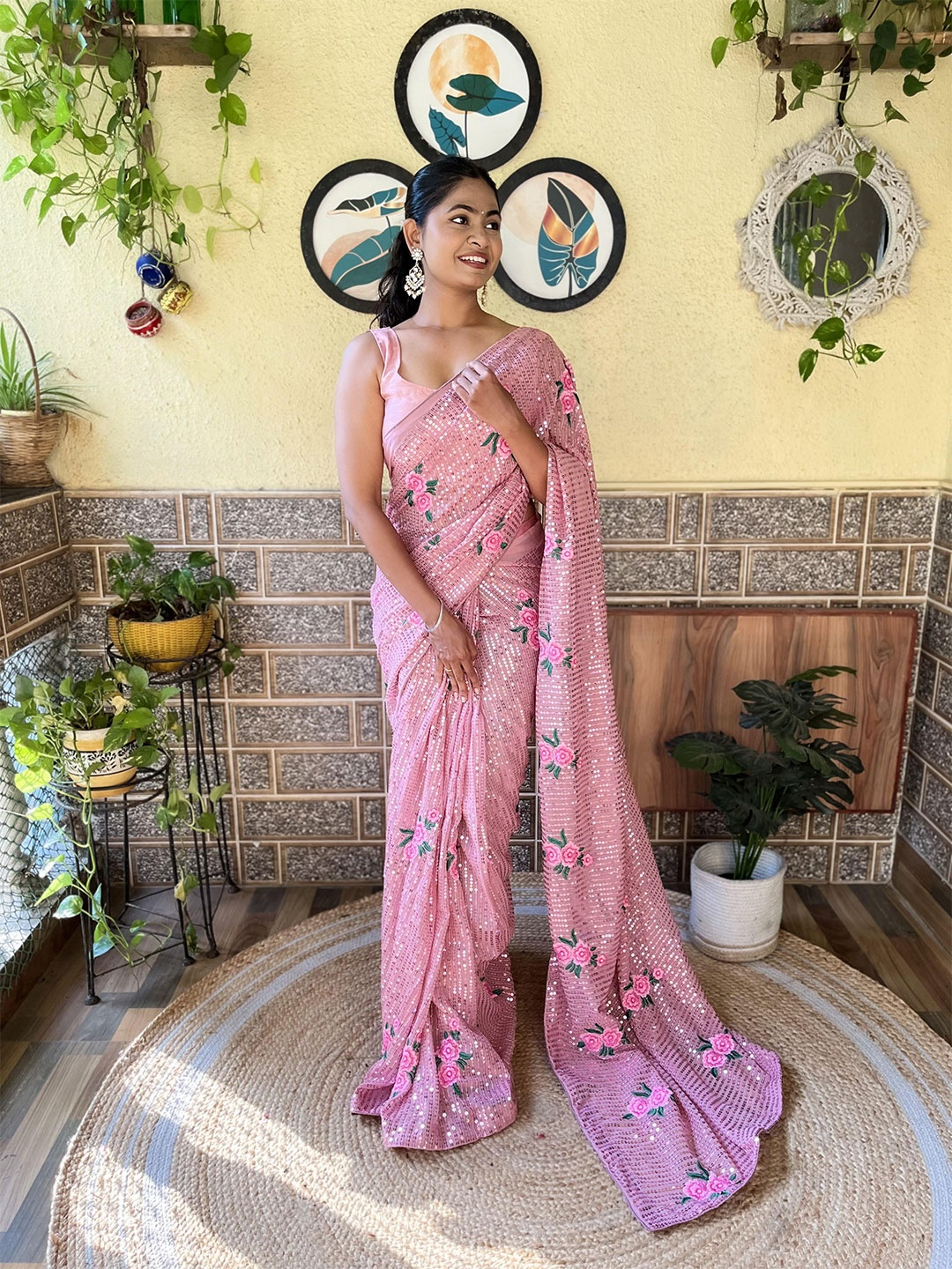

Mitera Pink Sequin Embellished Saree