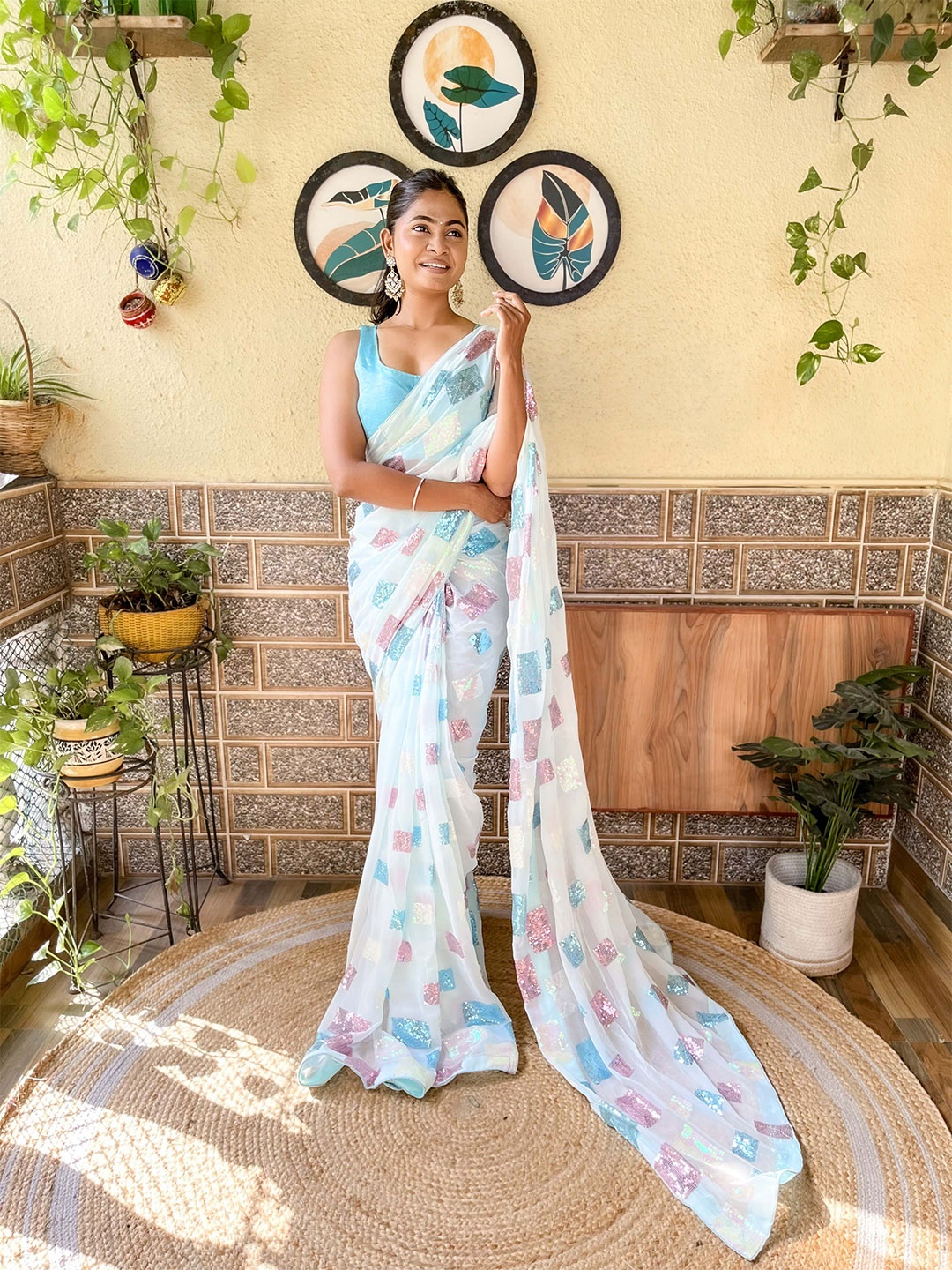 

Mitera Embellished Sequinned Detail Saree, Blue