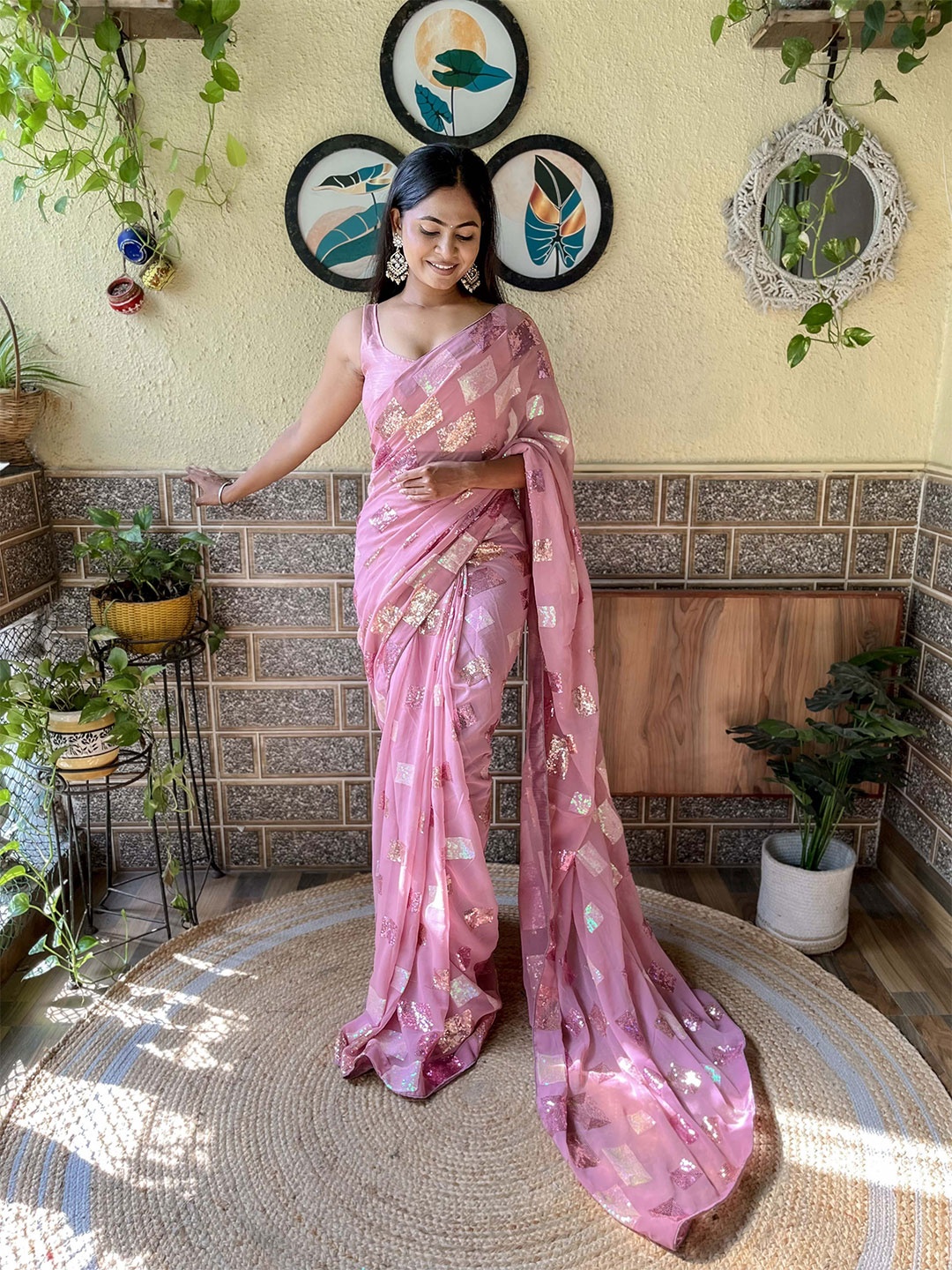 

Mitera Embellished Sequinned Detail Saree, Pink
