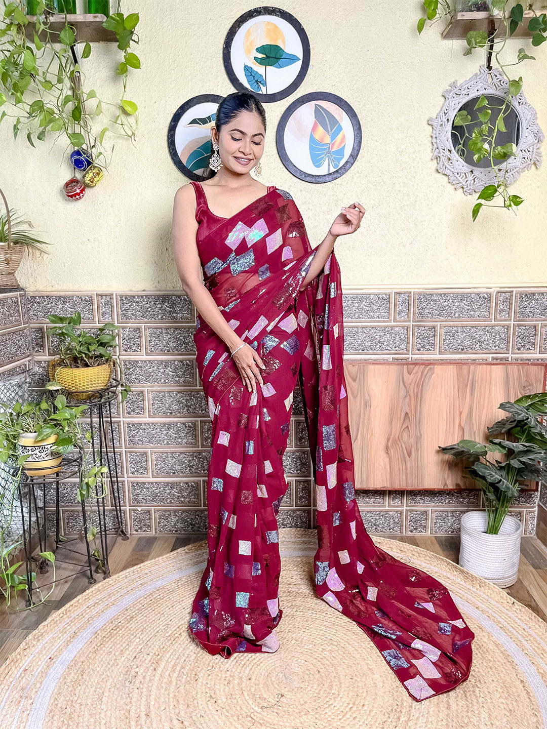 

Mitera Embellished Sequinned Detail Saree, Maroon