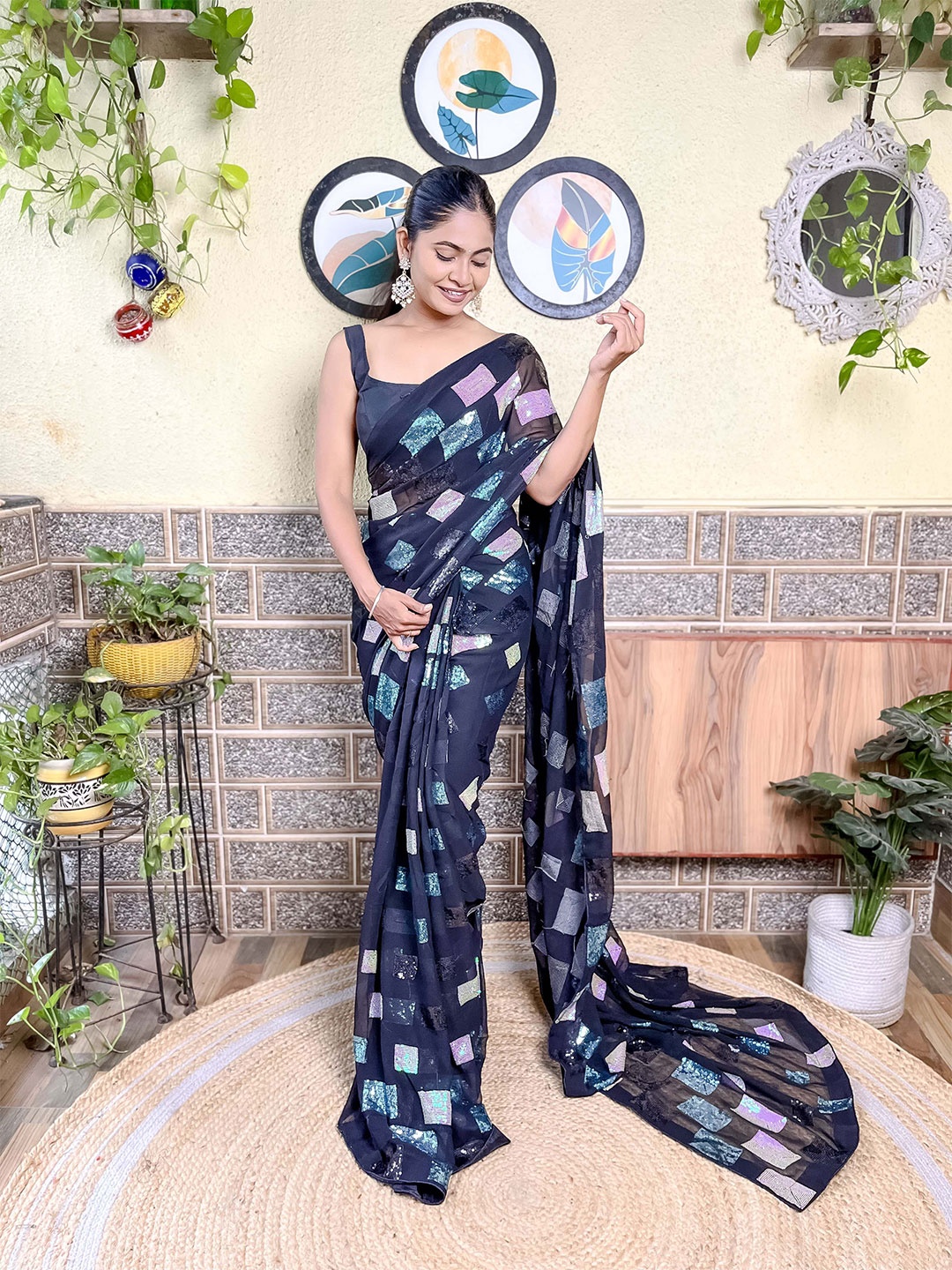 

Mitera Embellished Sequinned Detail Saree, Black