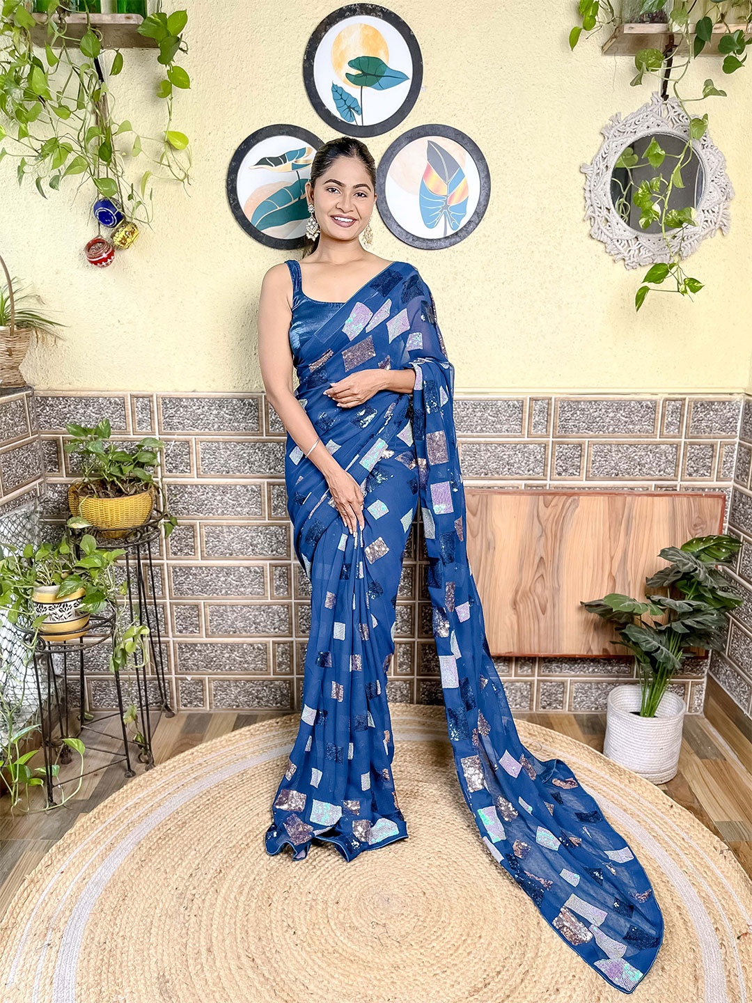 

Mitera Embellished Sequinned Saree, Teal