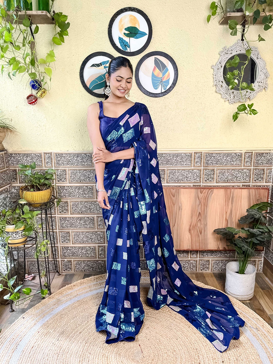 

Mitera Embellished Sequinned Saree, Navy blue