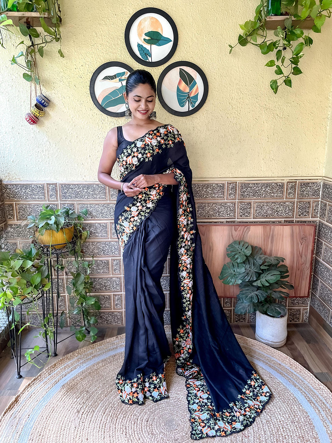 

Mitera Black Floral Embroidered Saree