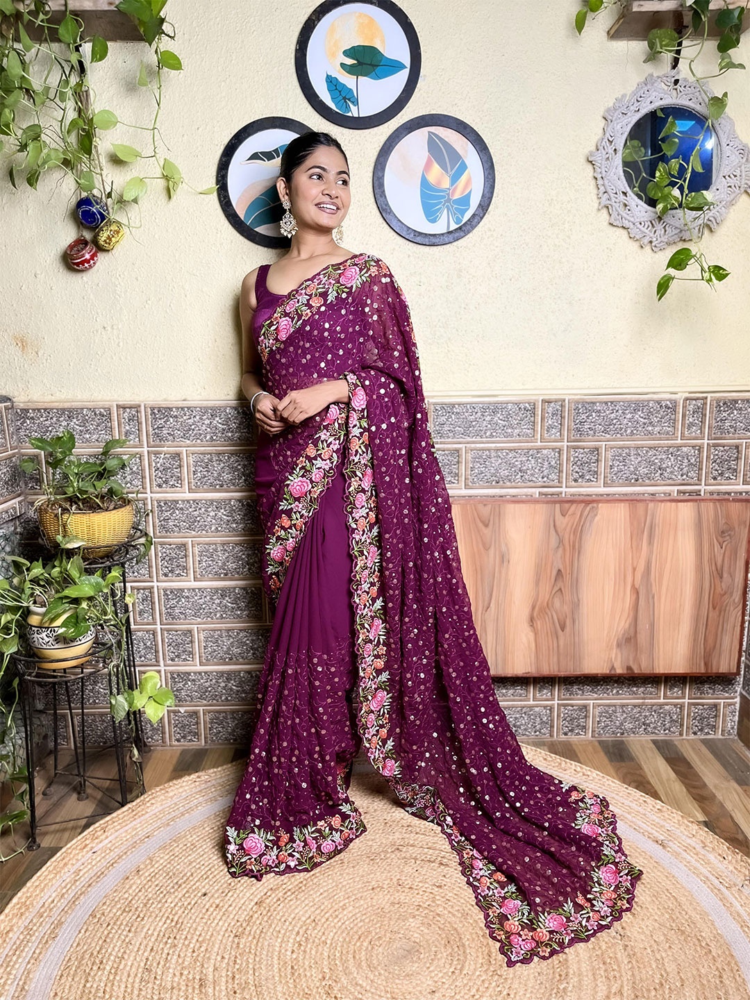 

Mitera Purple Floral Embroidered Sequinned Saree