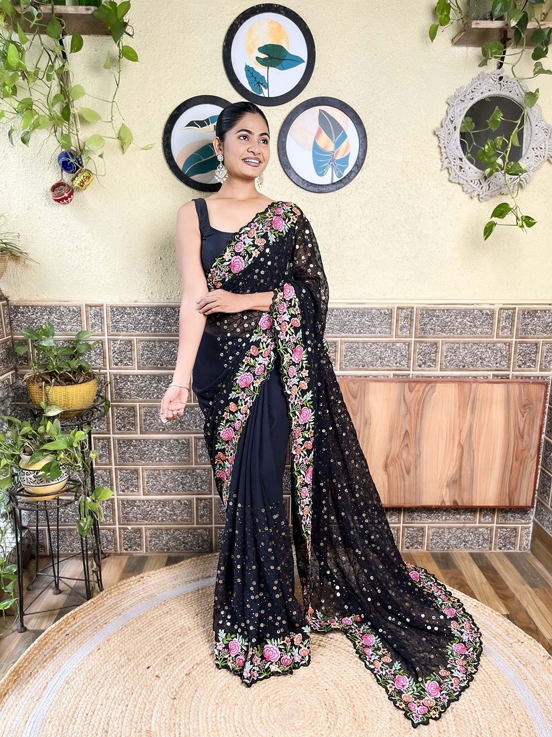 

Mitera Black Floral Sequinned Embellished Saree