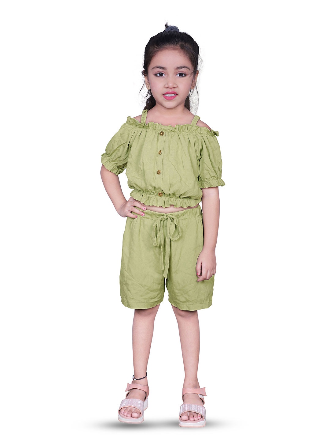 

BAESD Girls Shoulder Straps Puff Sleeves Top With Shorts, Green