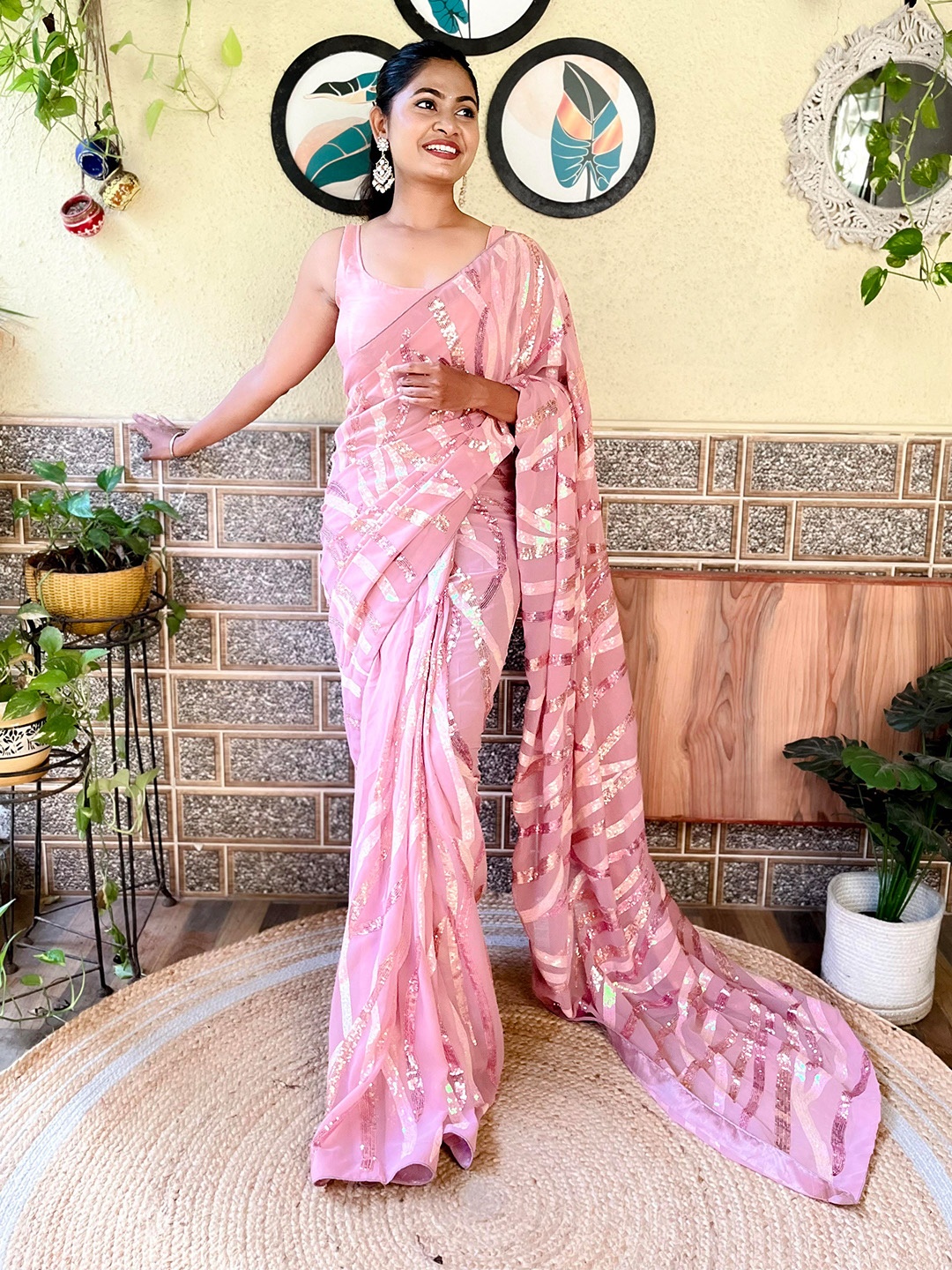 

Mitera Pink Sequin Embellished Saree
