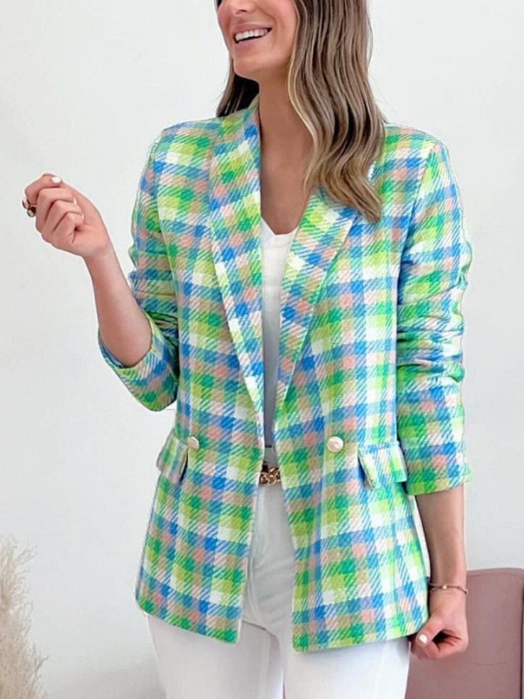 

StyleCast Blue Checked Notched Lapel Collar Single-Breasted Blazer