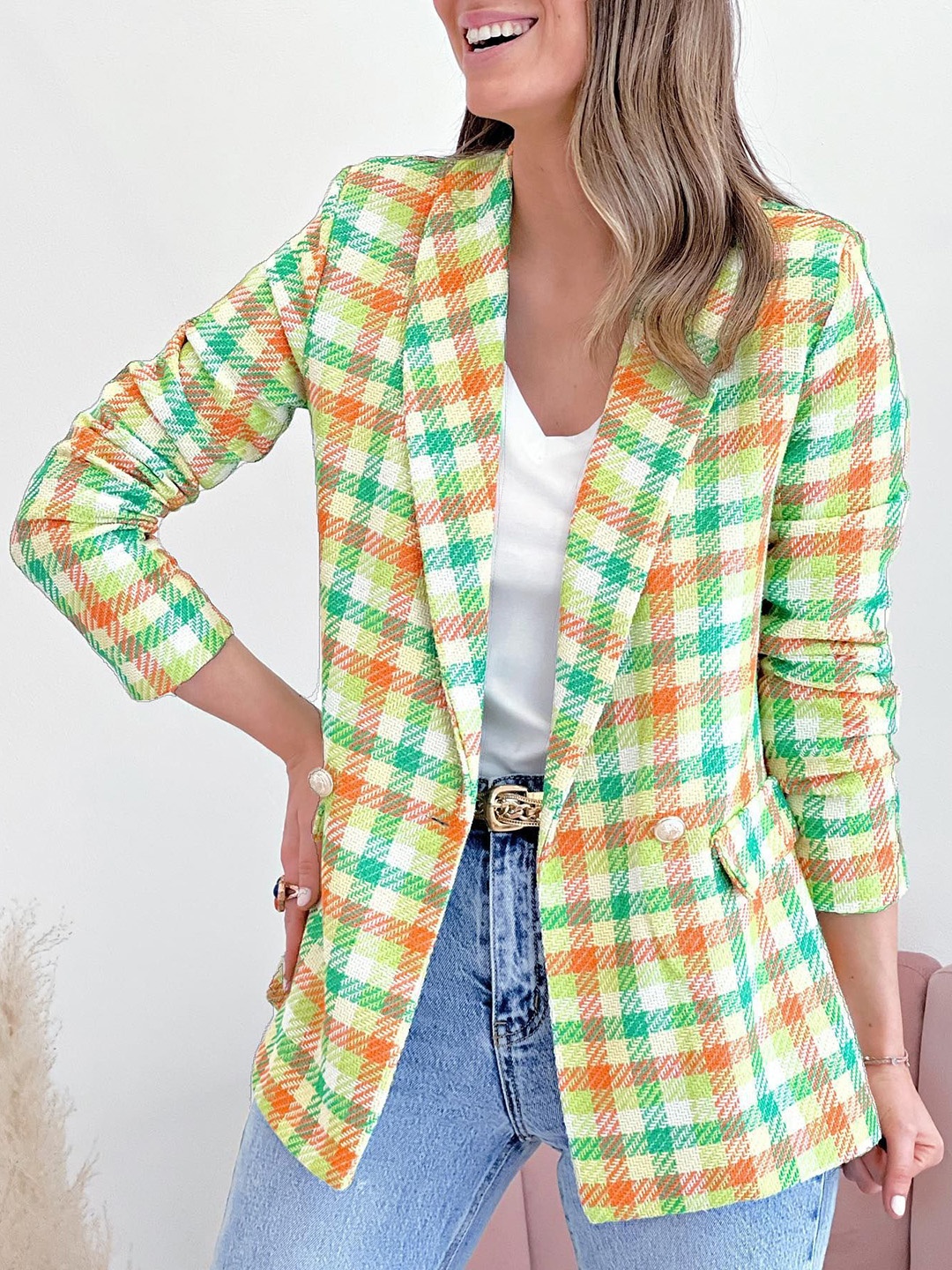 

StyleCast Yellow Checked Notched Lapel Collar Single-Breasted Blazer