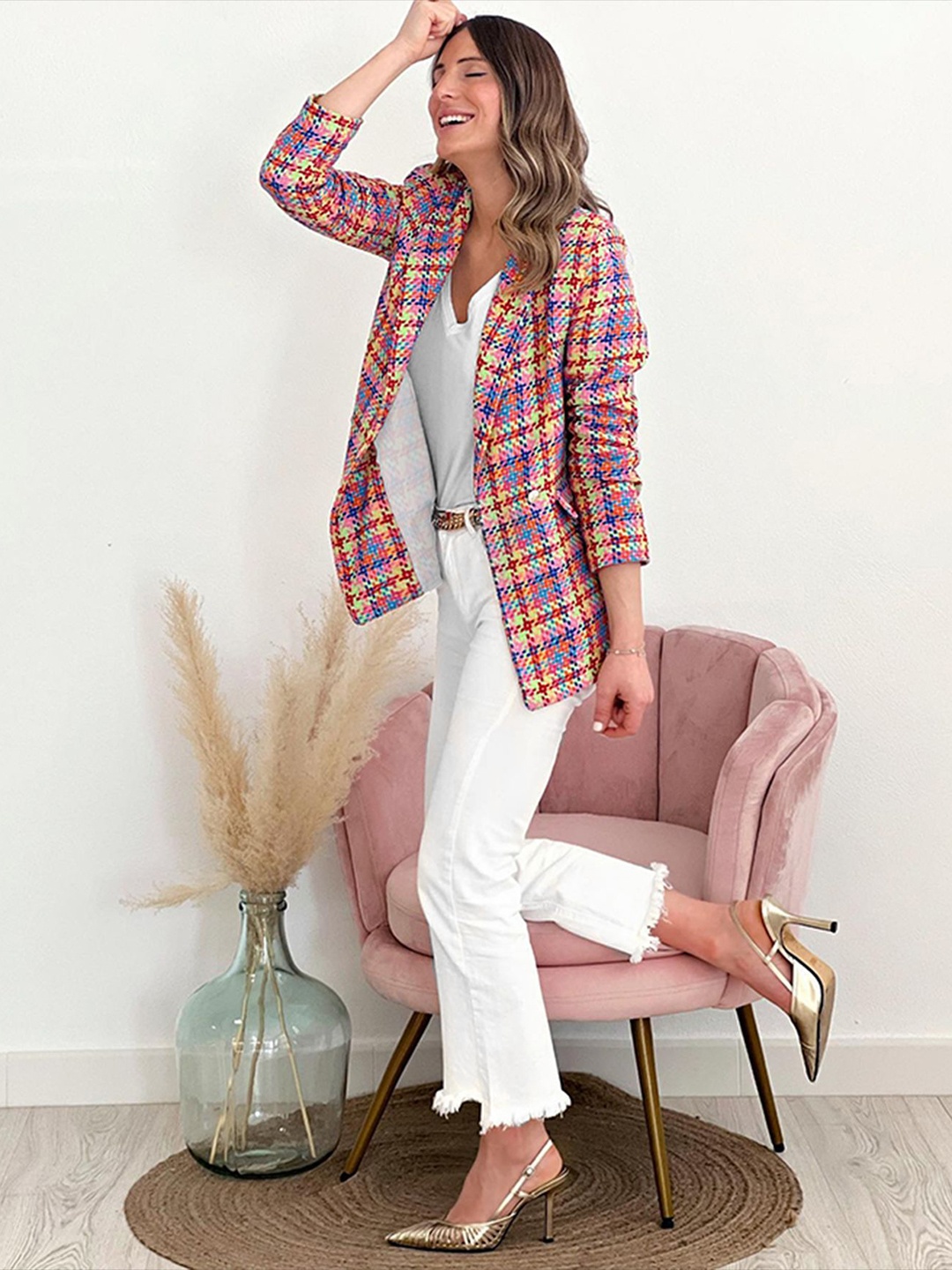 

StyleCast Fuchsia Checked Notched Lapel Collar Single-Breasted Blazer