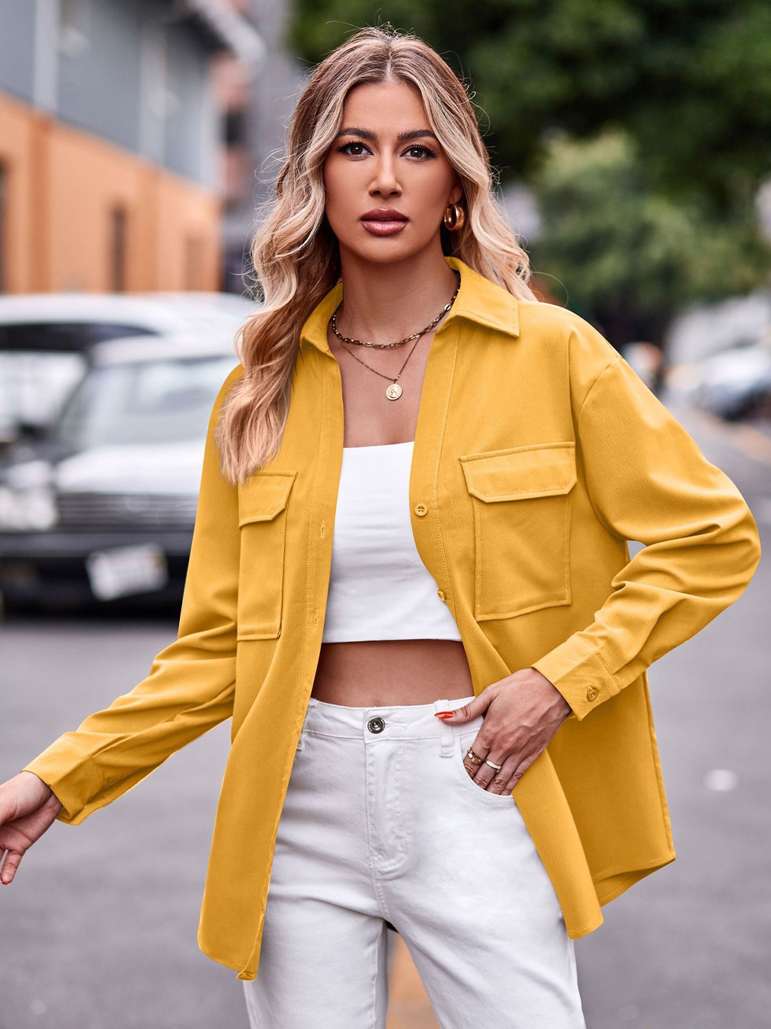 

StyleCast Yellow Spread Collar Long Sleeves Pockets Oversized Shirt