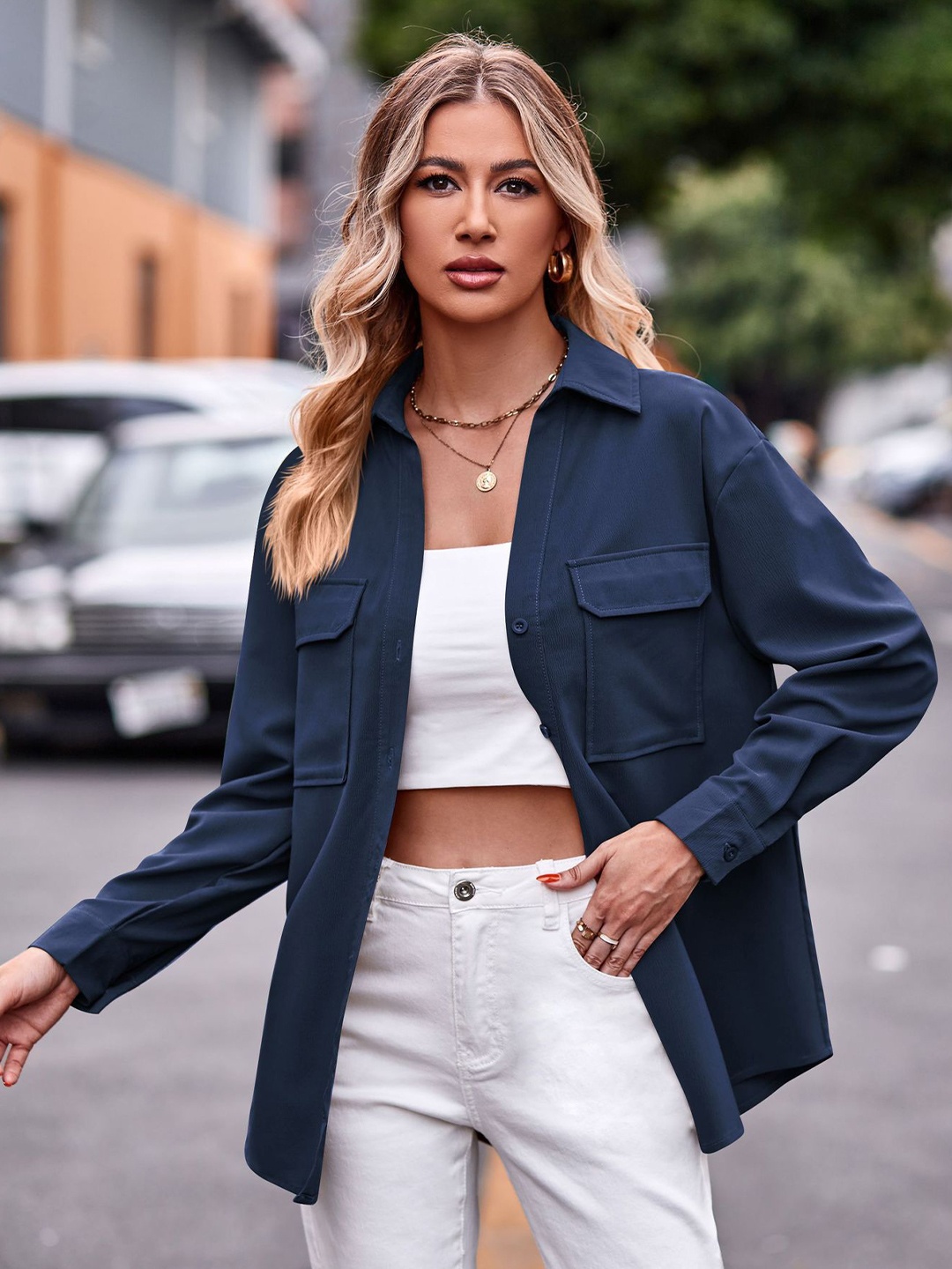 

StyleCast Navy Blue Spread Collar Long Sleeves Pockets Oversized Shirt